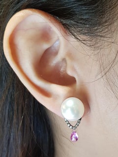 South Sea Pearl, Pink Sapphire and Brown Diamond Earrings in 18 Karat White Gold