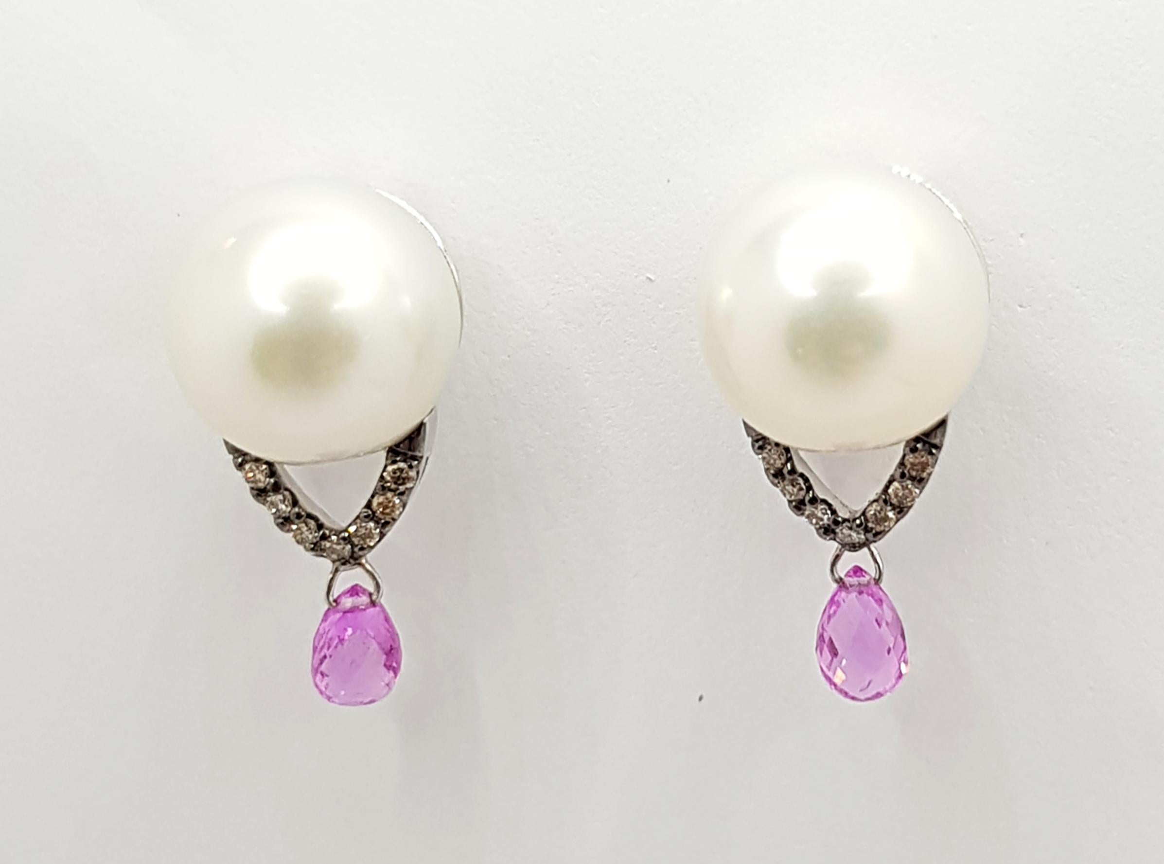 Contemporary South Sea Pearl, Pink Sapphire and Brown Diamond Earrings in 18 Karat White Gold For Sale
