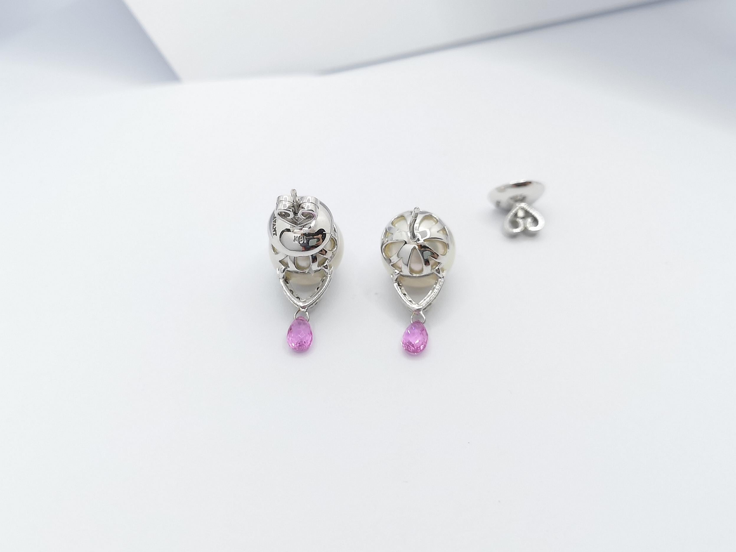 Mixed Cut South Sea Pearl, Pink Sapphire and Brown Diamond Earrings in 18 Karat White Gold For Sale