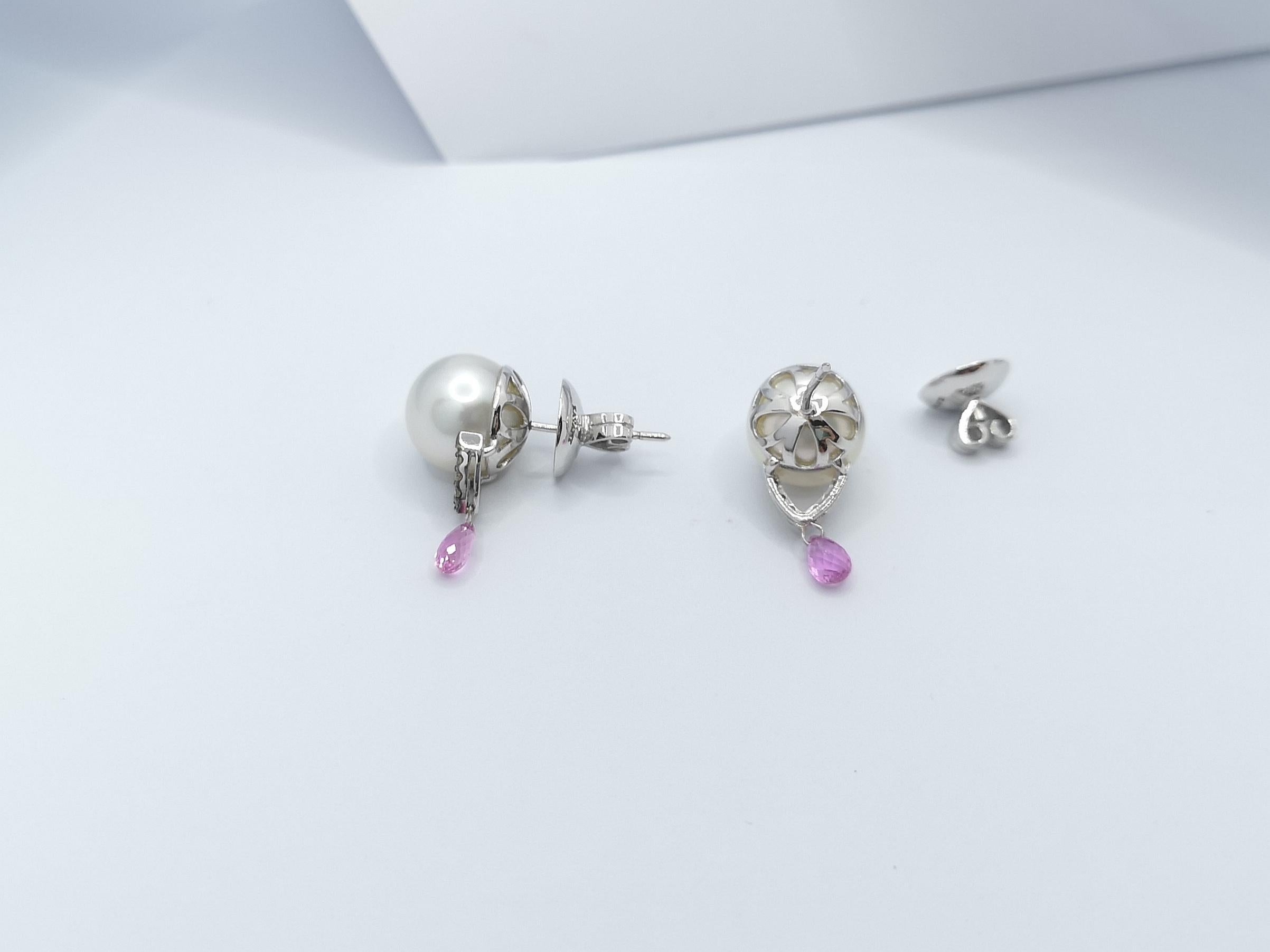 South Sea Pearl, Pink Sapphire and Brown Diamond Earrings in 18 Karat White Gold In New Condition For Sale In Bangkok, TH