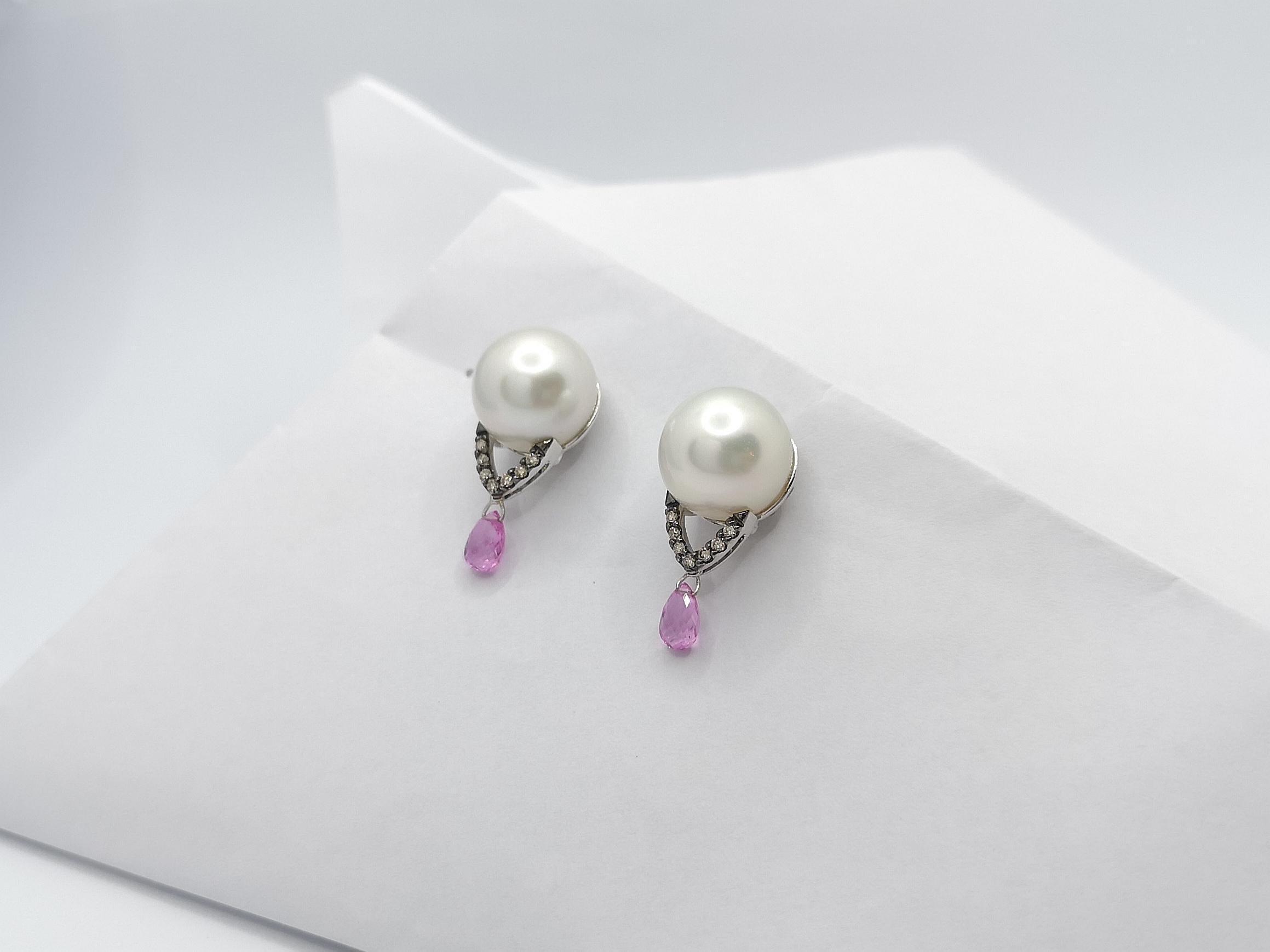 Women's South Sea Pearl, Pink Sapphire and Brown Diamond Earrings in 18 Karat White Gold For Sale