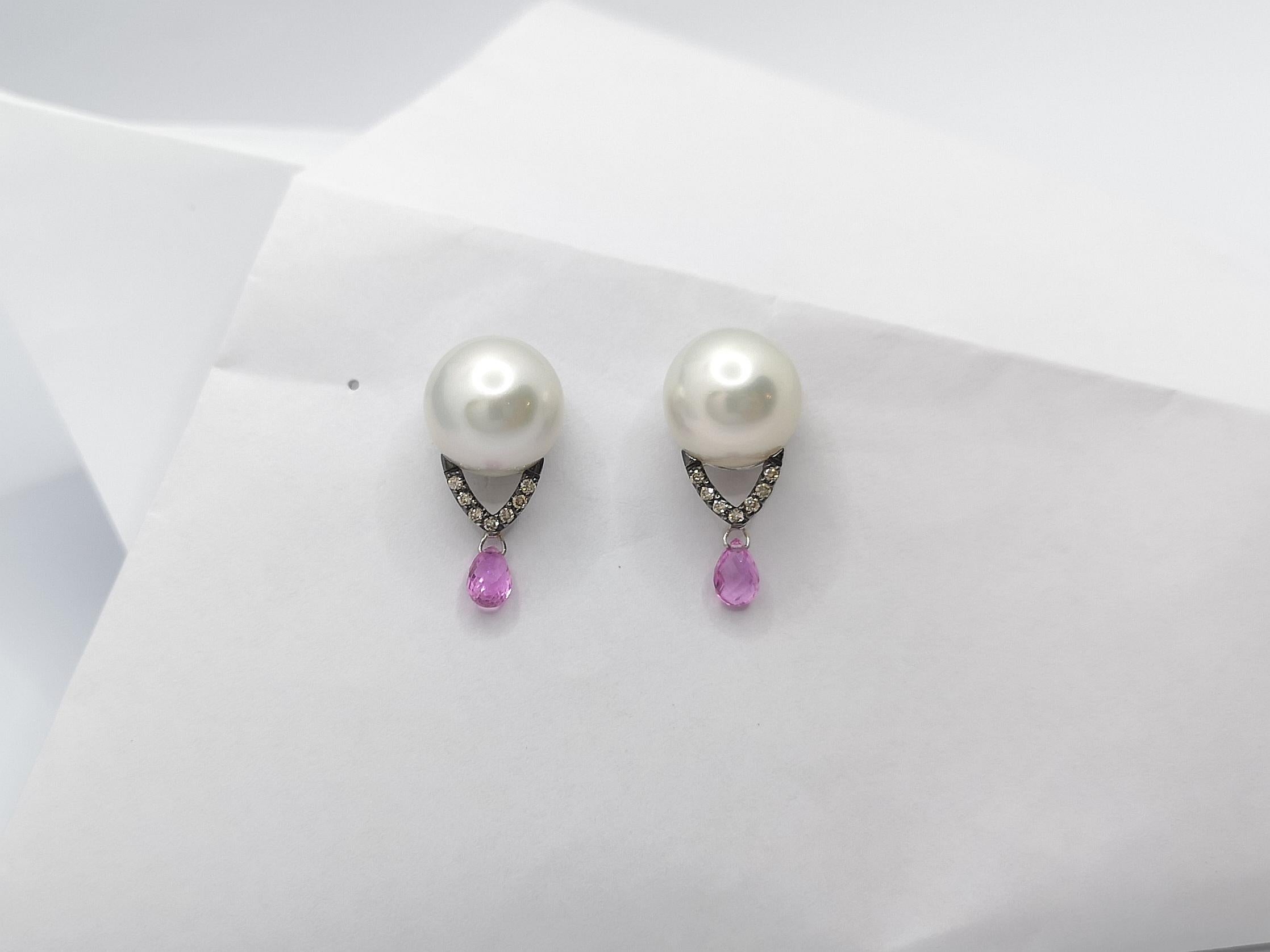 South Sea Pearl, Pink Sapphire and Brown Diamond Earrings in 18 Karat White Gold For Sale 1