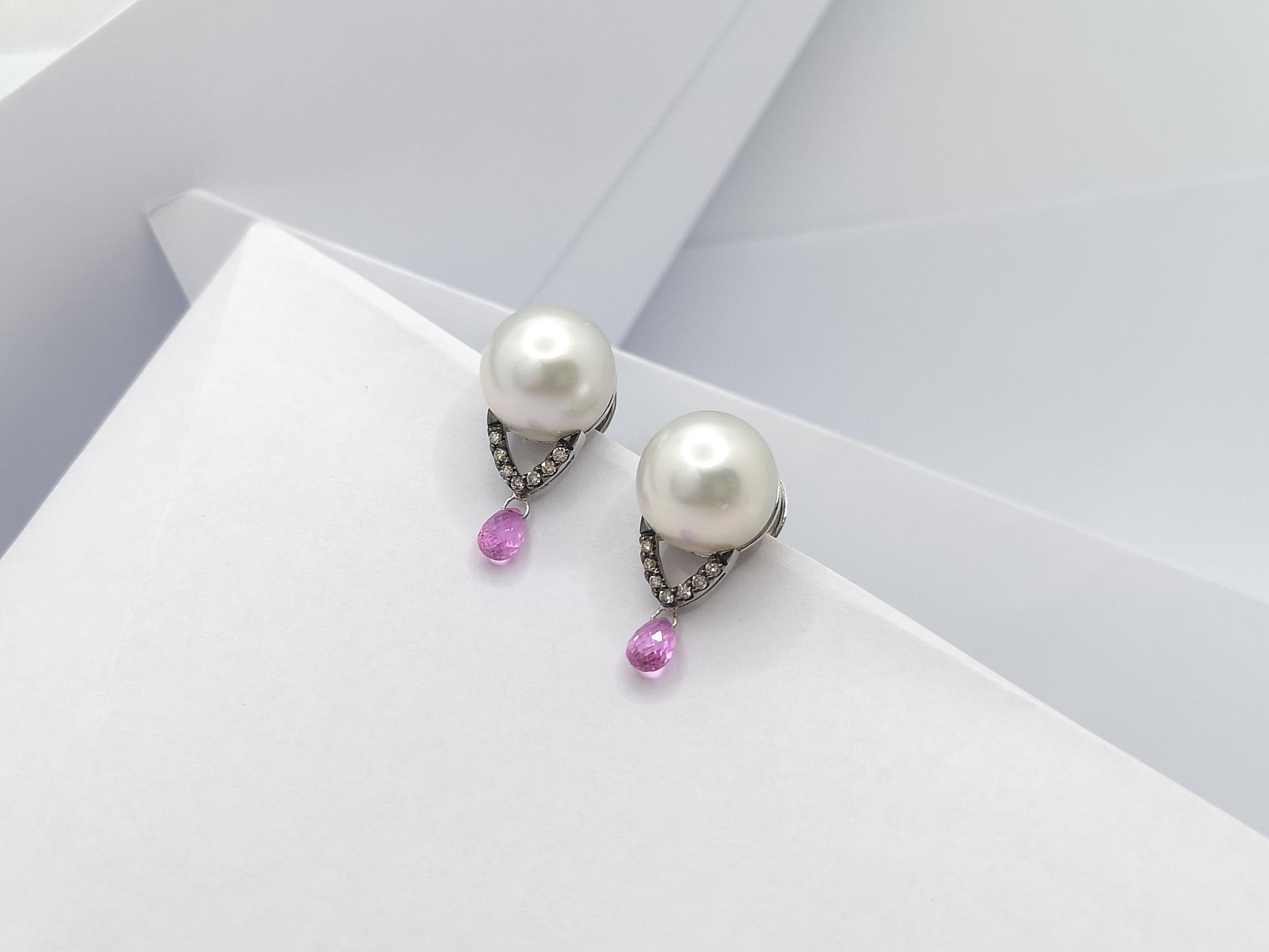 South Sea Pearl, Pink Sapphire and Brown Diamond Earrings in 18 Karat White Gold For Sale 2