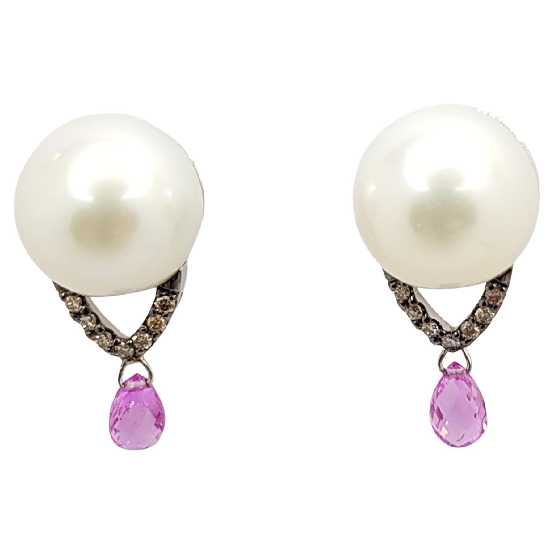 South Sea Pearl, Pink Sapphire and Brown Diamond Earrings in 18 Karat White Gold For Sale