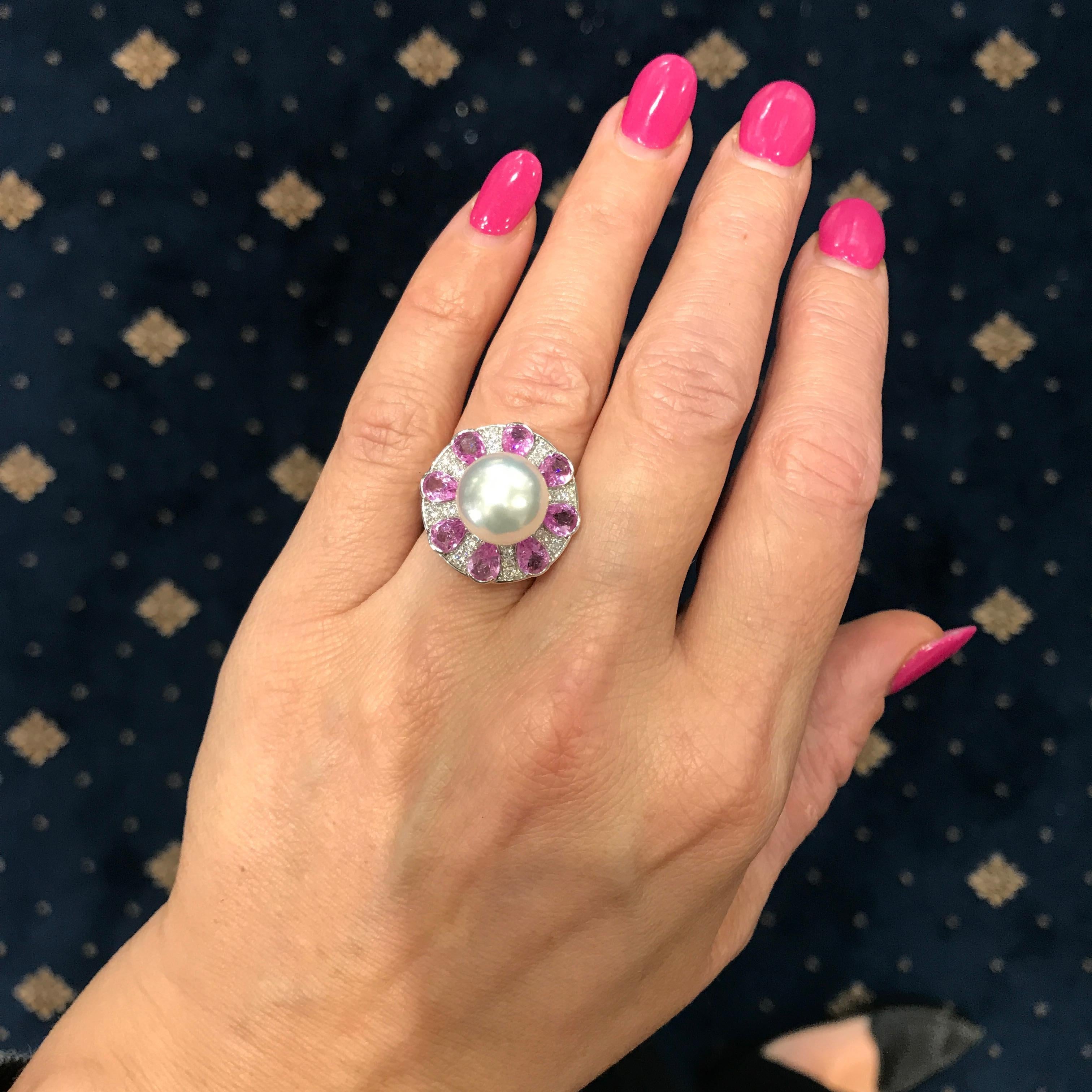 Georgian South Sea Pearl, Pink Sapphire and Diamond Cocktail Ring For Sale