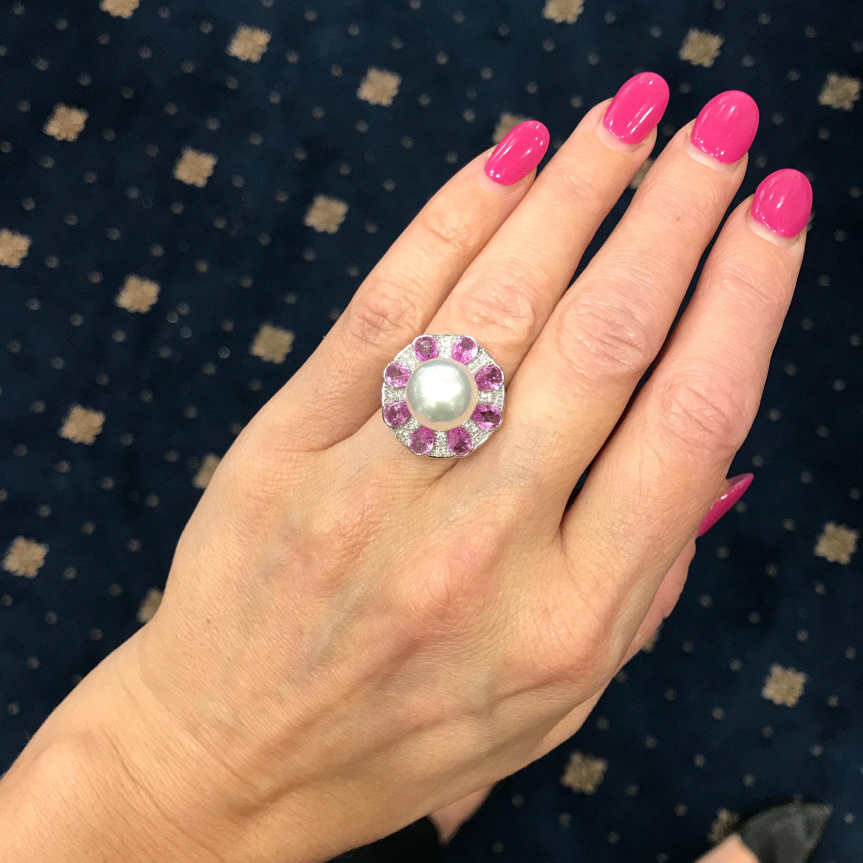 Brilliant Cut South Sea Pearl, Pink Sapphire and Diamond Cocktail Ring For Sale