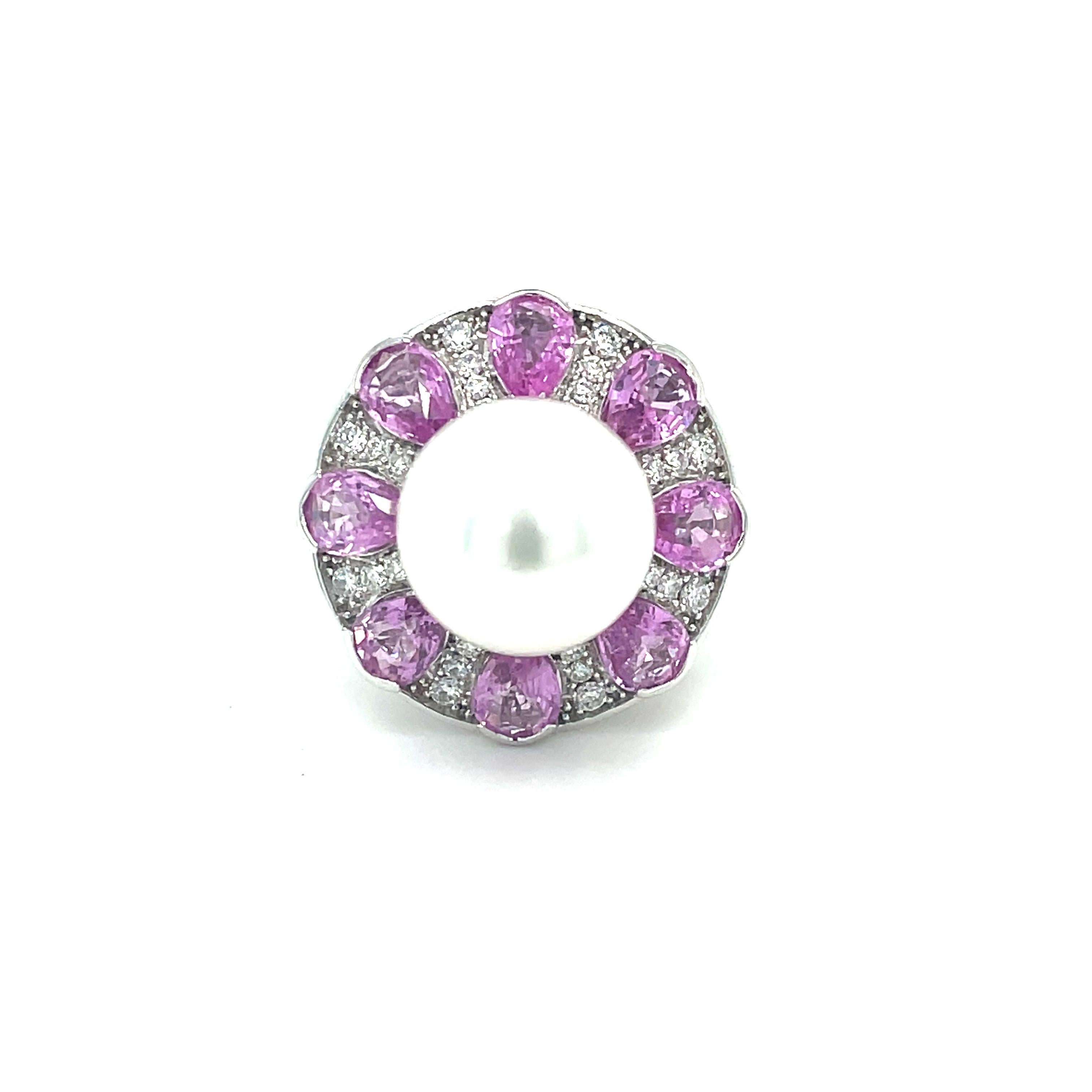 South Sea Pearl, Pink Sapphire and Diamond Cocktail Ring In New Condition For Sale In Armadale, Victoria