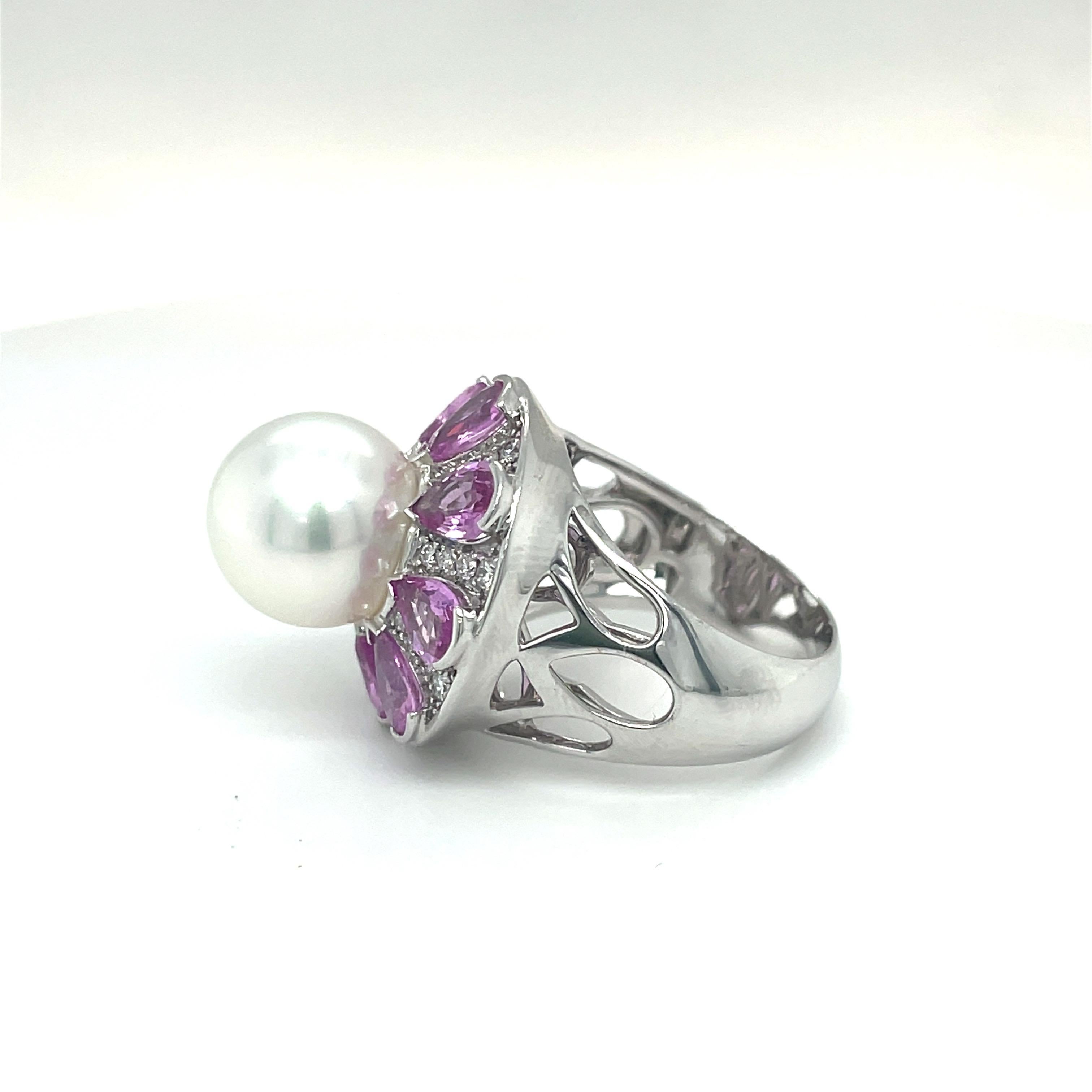 Women's South Sea Pearl, Pink Sapphire and Diamond Cocktail Ring For Sale