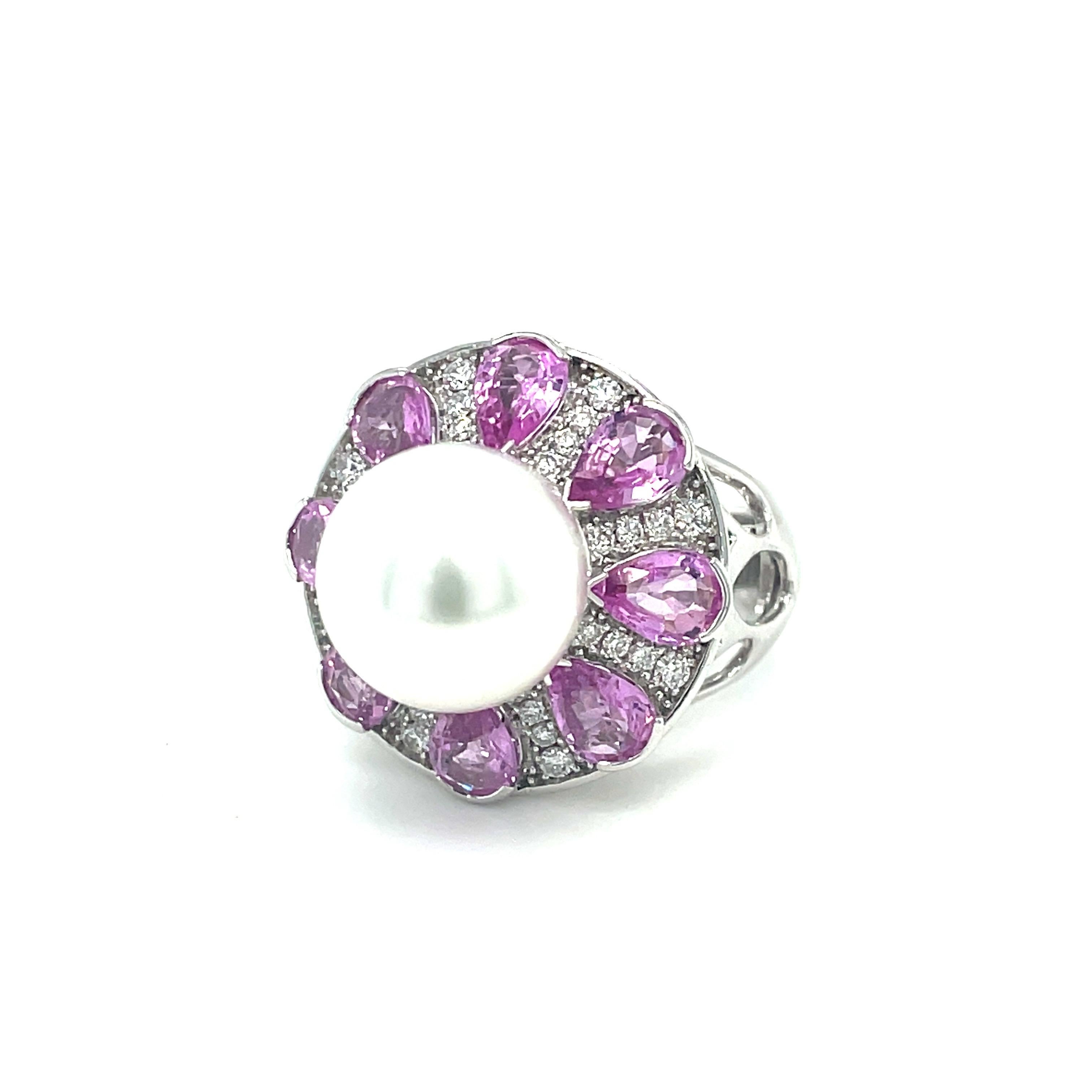 South Sea Pearl, Pink Sapphire and Diamond Cocktail Ring For Sale 1