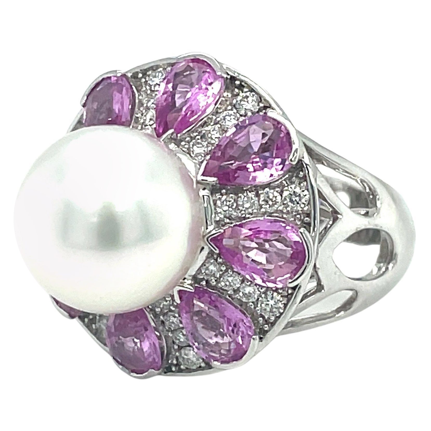 Anello Cocktail con Perle dei Mari del Sud, Zaffiri Rosa e Diamanti