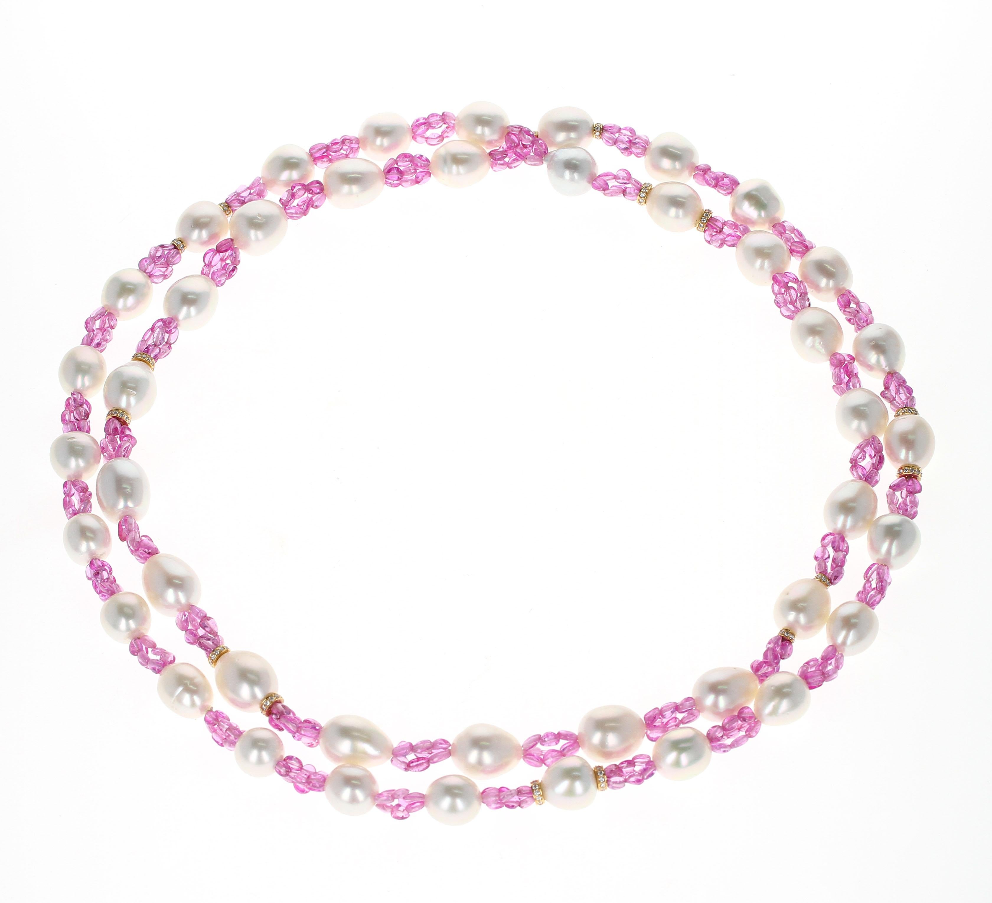 Bead South Sea Pearl, Pink Sapphire, and Diamond and Gold Roundels Necklace