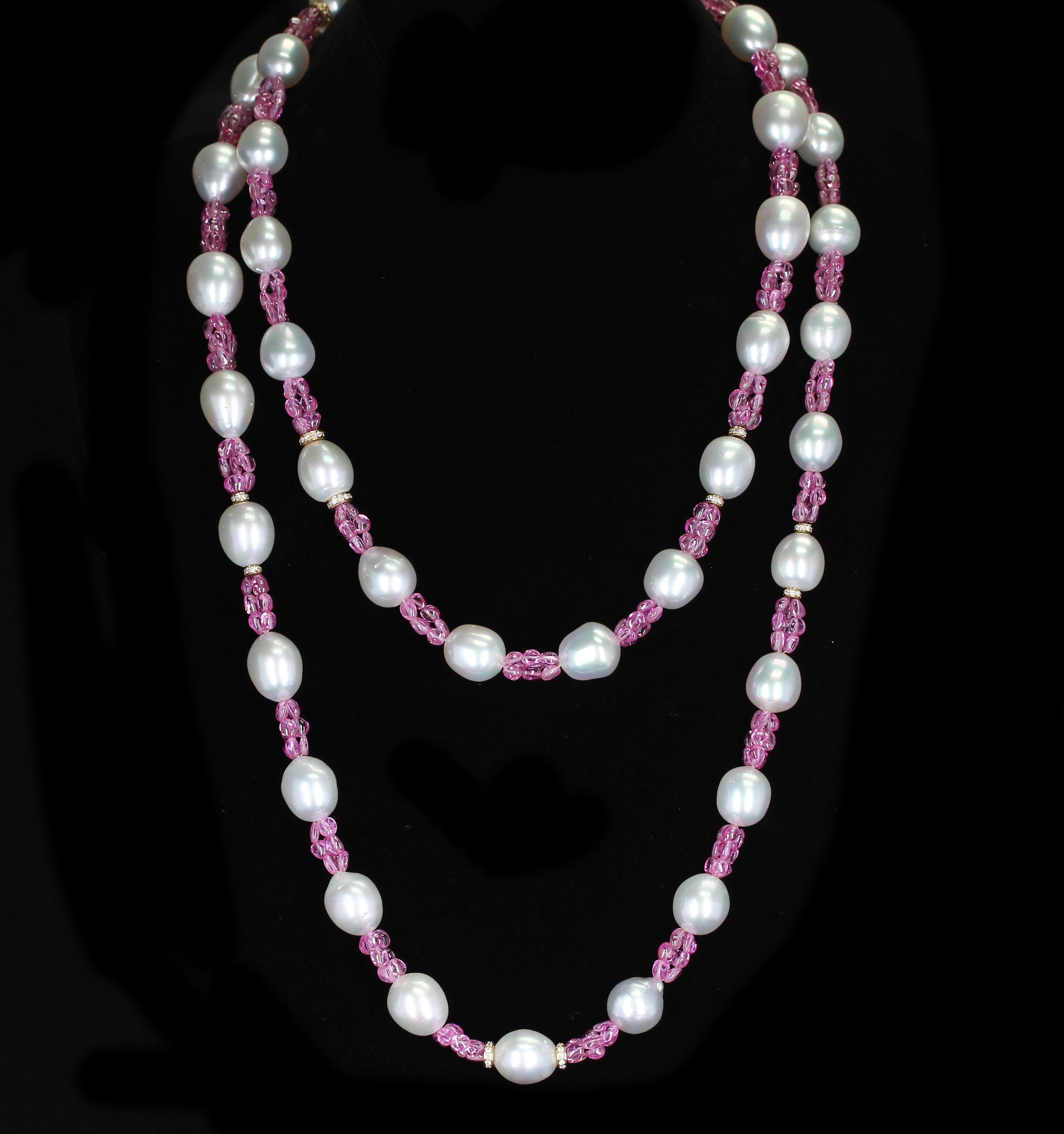 South Sea Pearl, Pink Sapphire, and Diamond and Gold Roundels Necklace In New Condition In New York, NY