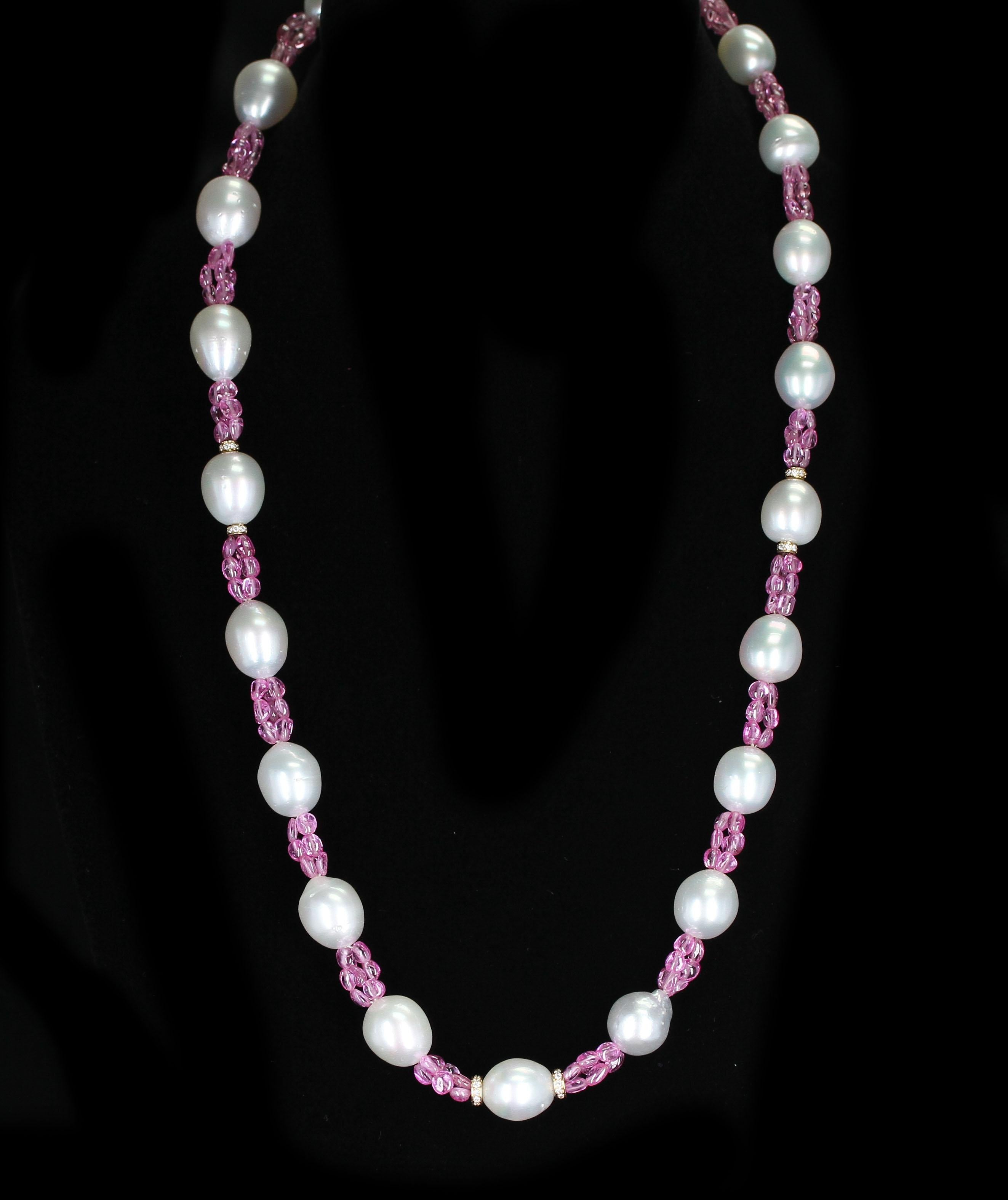 Women's or Men's South Sea Pearl, Pink Sapphire, and Diamond and Gold Roundels Necklace