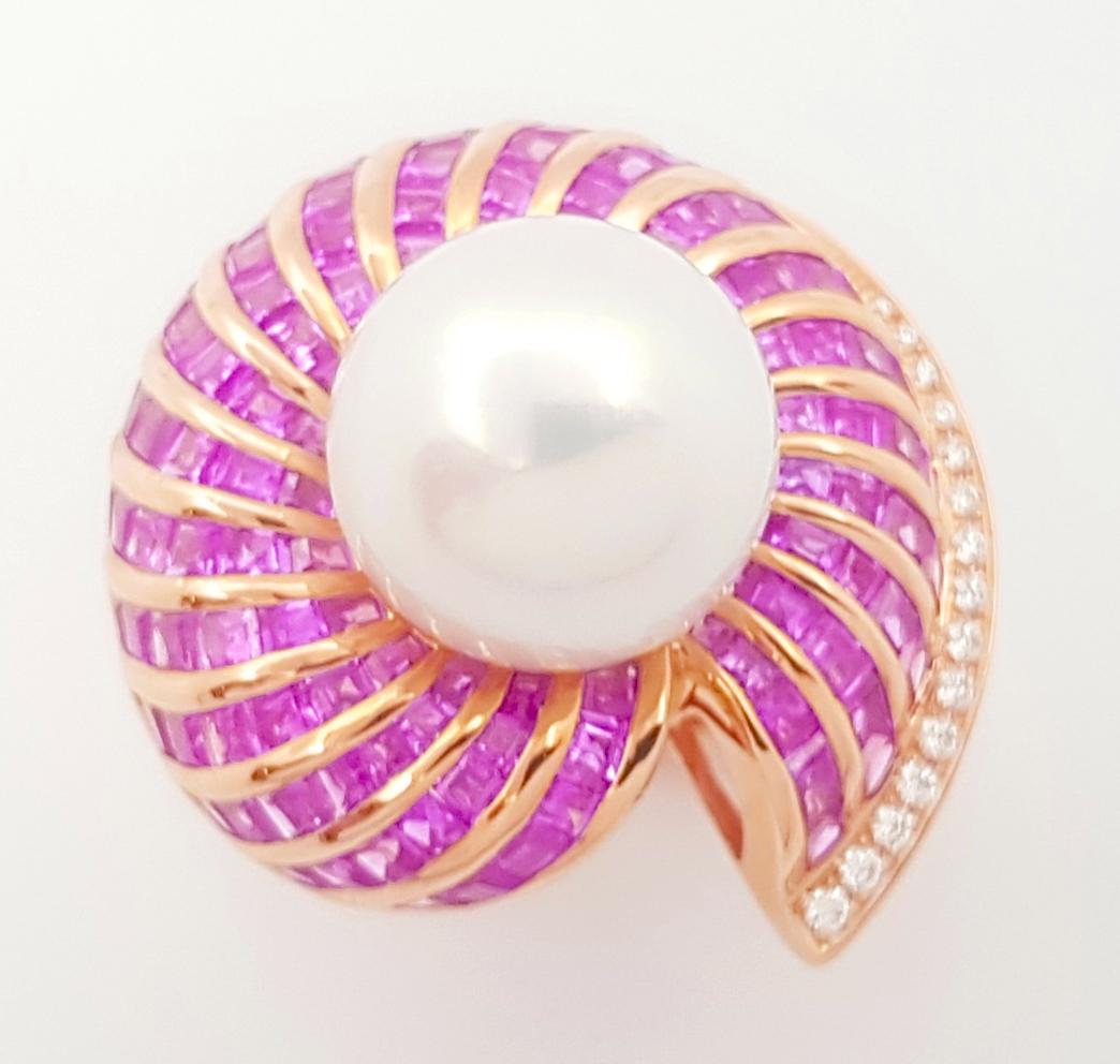 South Sea Pearl, Pink Sapphire and Diamond Ring set in 18K Rose Gold Settings For Sale 9