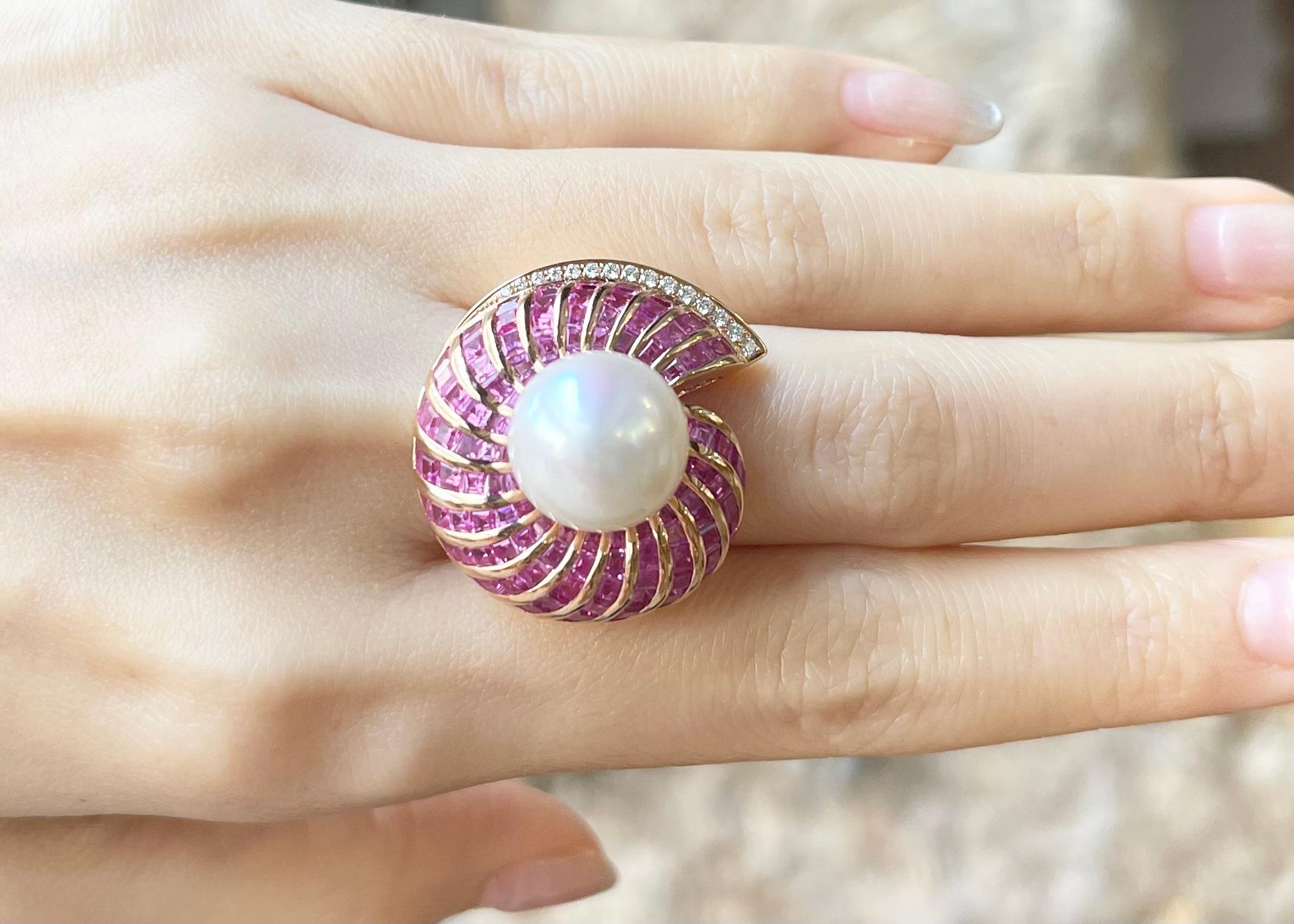 Contemporary South Sea Pearl, Pink Sapphire and Diamond Ring set in 18K Rose Gold Settings For Sale