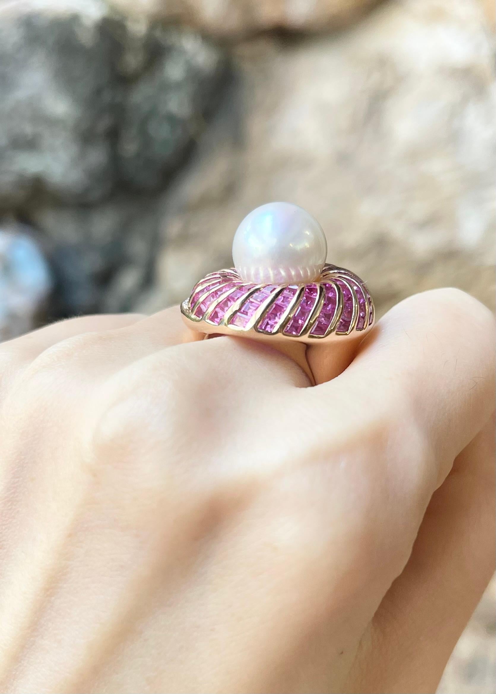 Women's South Sea Pearl, Pink Sapphire and Diamond Ring set in 18K Rose Gold Settings For Sale