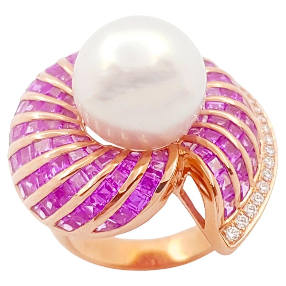 South Sea Pearl, Pink Sapphire and Diamond Ring set in 18K Rose Gold Settings For Sale