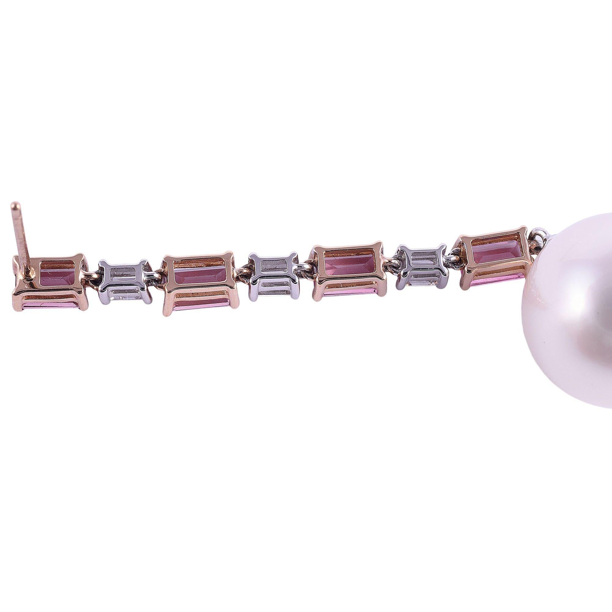 South Sea Pearl Pink Tourmaline 18K Rose Gold Dangle Earrings In Good Condition For Sale In Solvang, CA