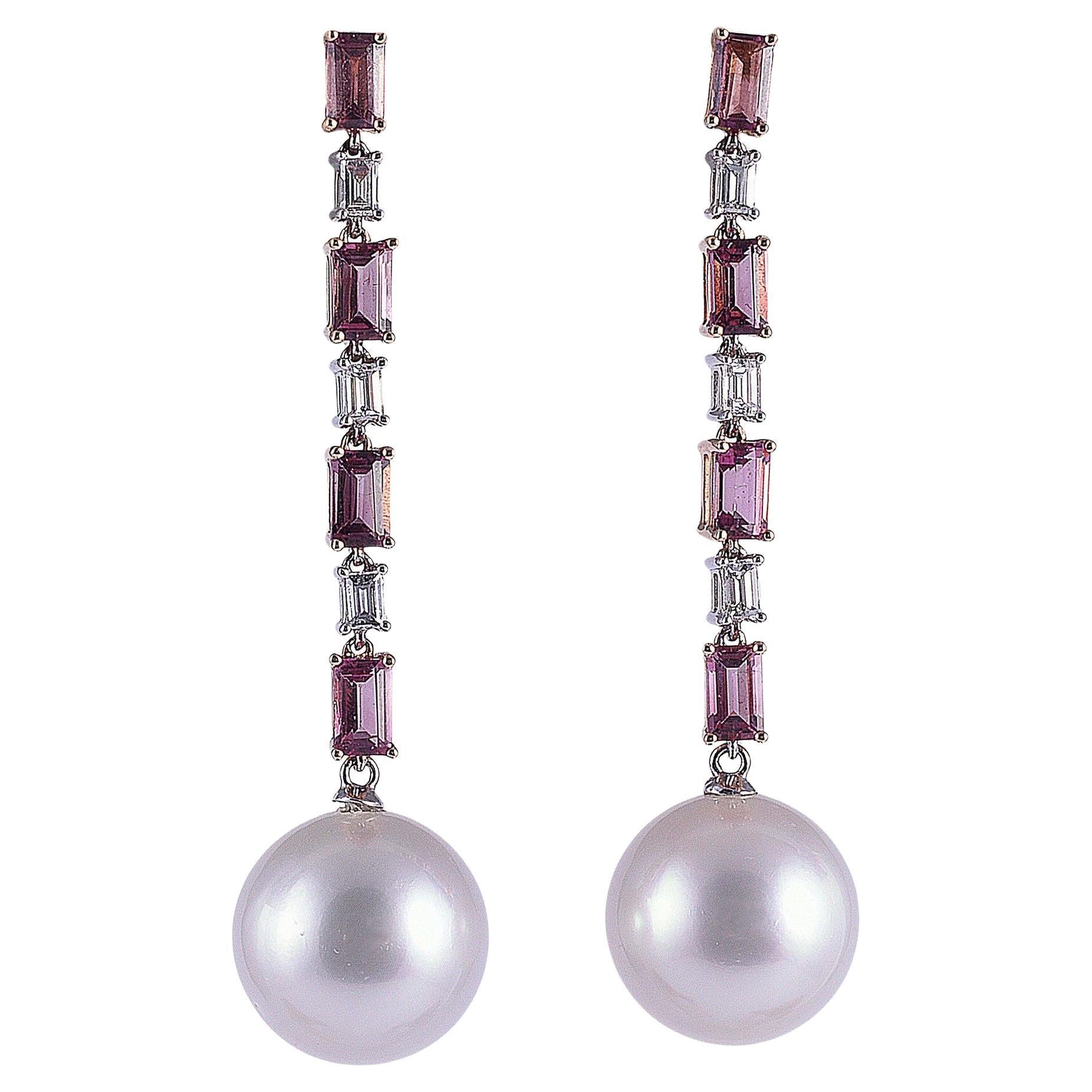 South Sea Pearl Pink Tourmaline 18K Rose Gold Dangle Earrings For Sale