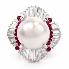 South-Sea Pearl Platinum Baguette Diamond Cocktail Ring