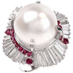 South-Sea Pearl Platinum Baguette Diamond Cocktail Ring