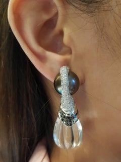 South Sea Pearl, Quartz, Black Diamond Earrings Set in 18 Karat White Gold