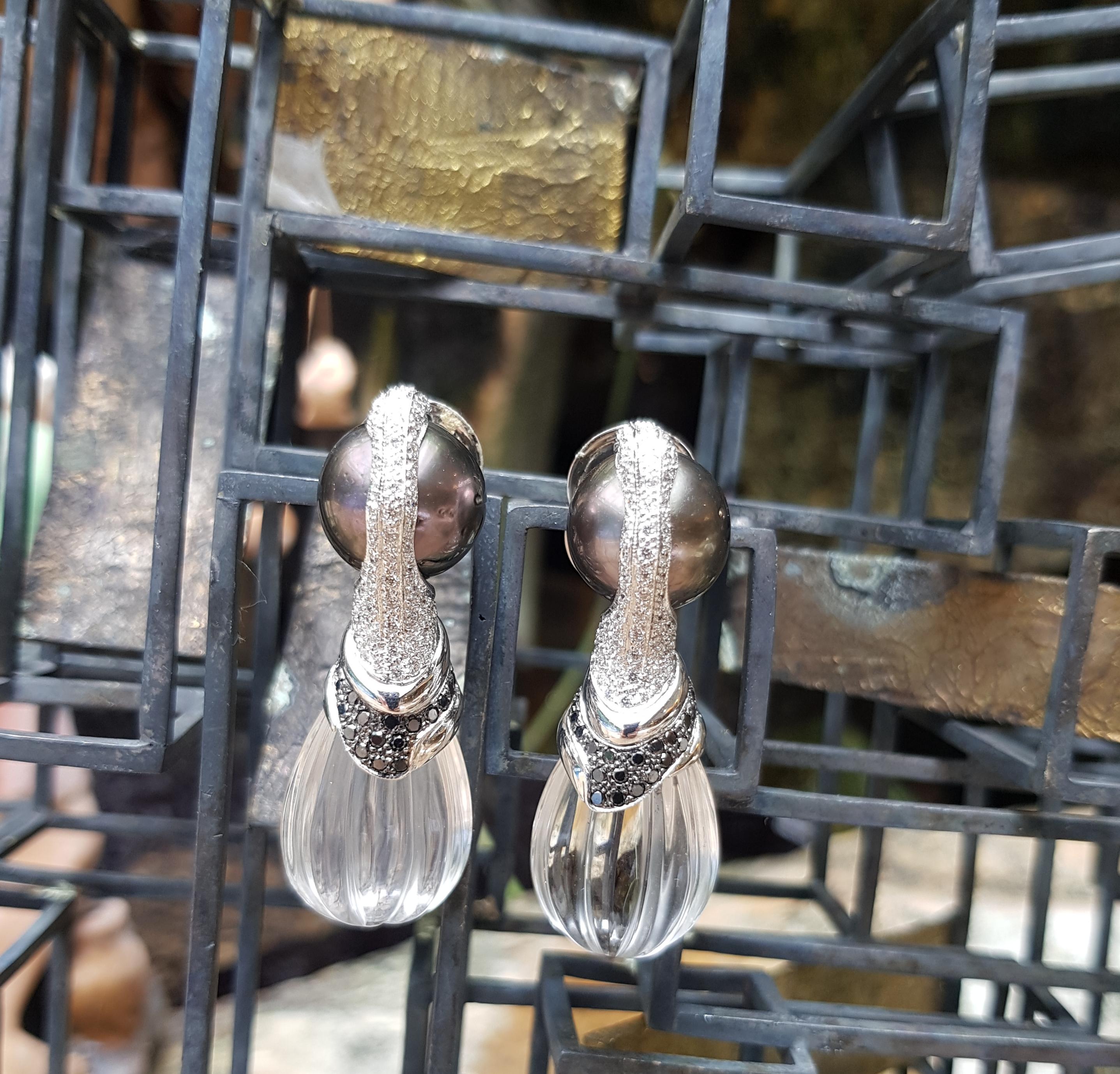Pendientes de Perla del Mar del Sur, Cuarzo y Diamante Negro engastados en Oro Blanco de 18 Kilates Contemporáneo en venta