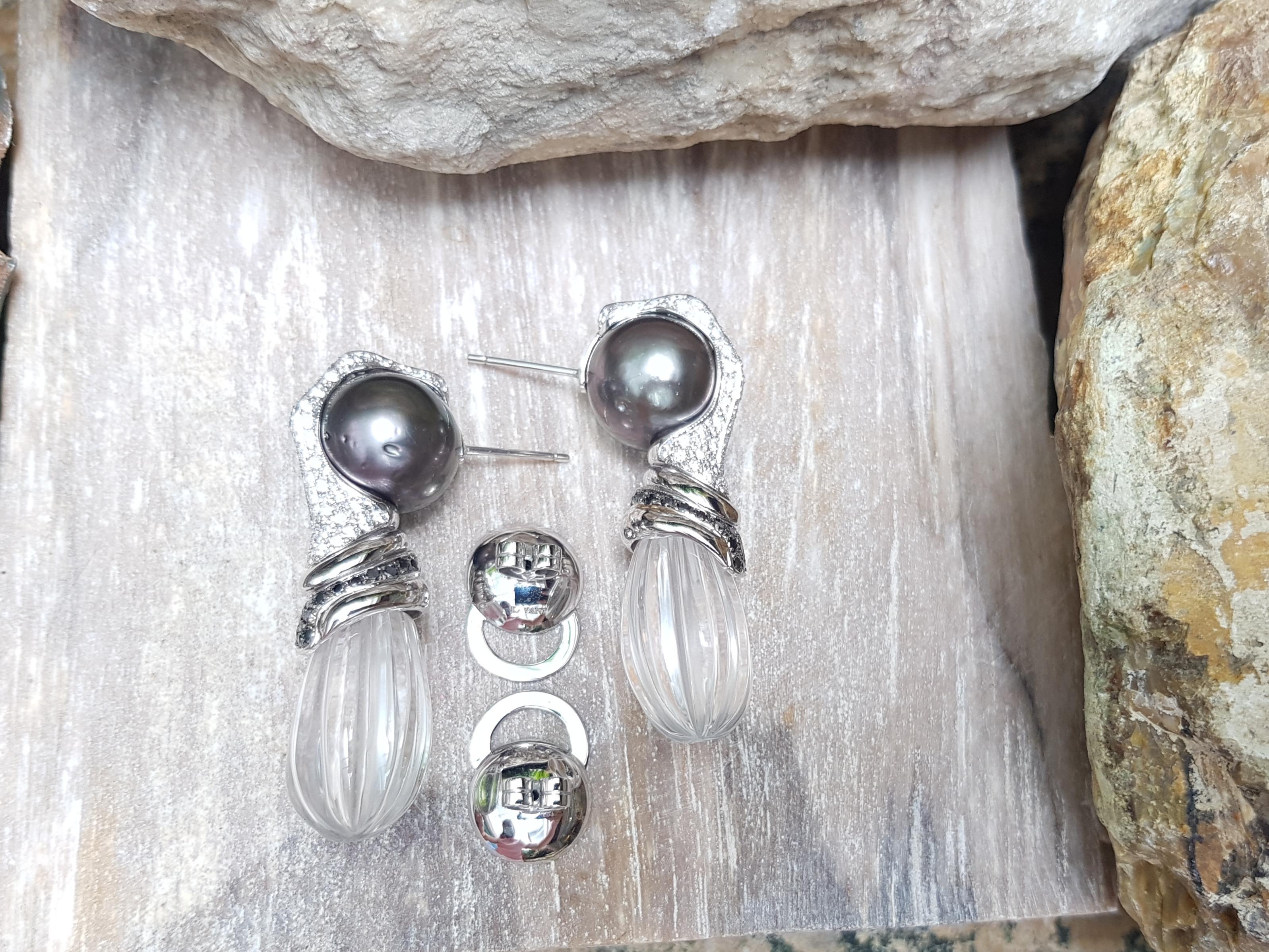 Pendientes de Perla del Mar del Sur, Cuarzo y Diamante Negro engastados en Oro Blanco de 18 Kilates Corte mixto en venta