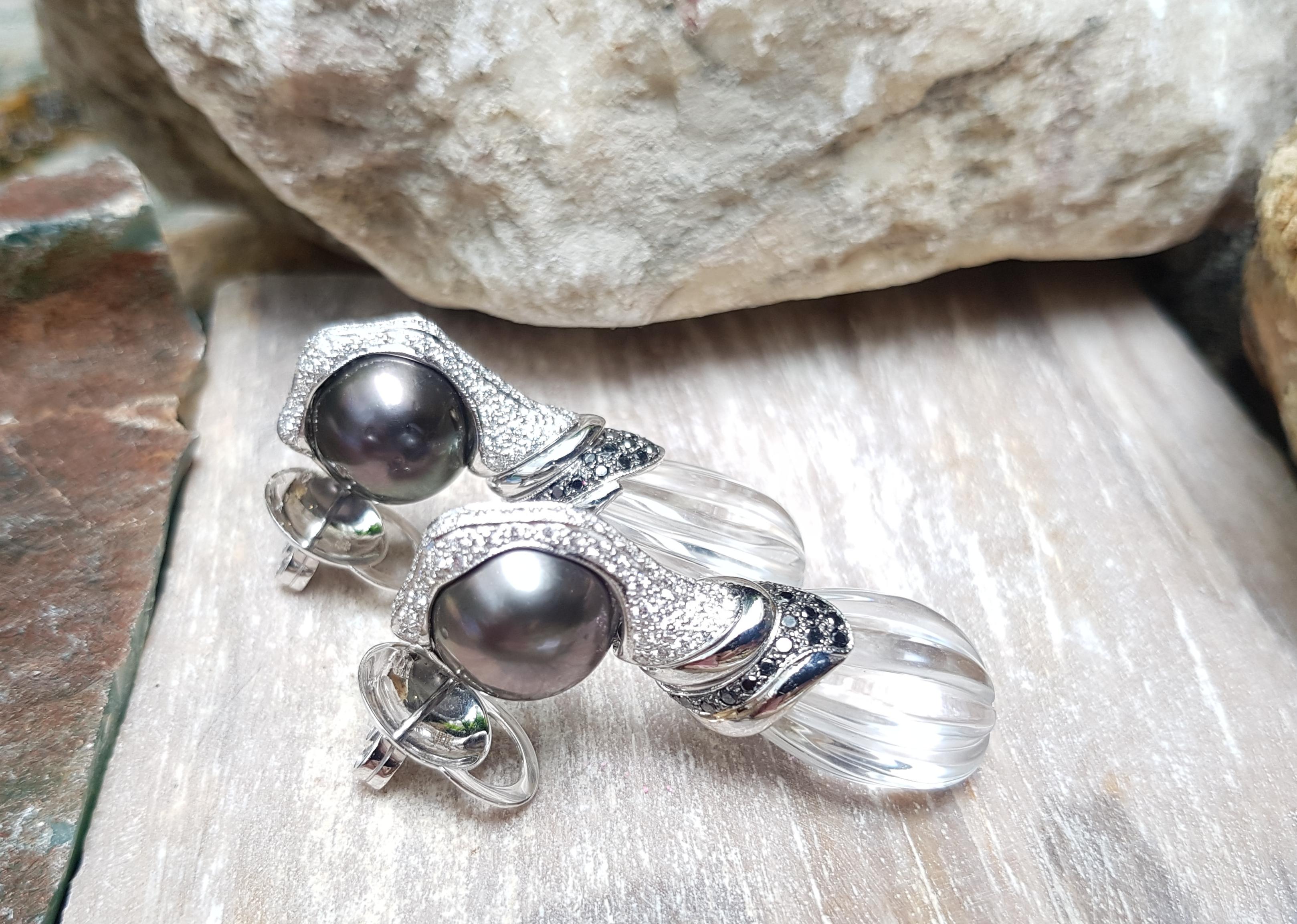 De las mujeres Pendientes de Perla del Mar del Sur, Cuarzo y Diamante Negro engastados en Oro Blanco de 18 Kilates en venta