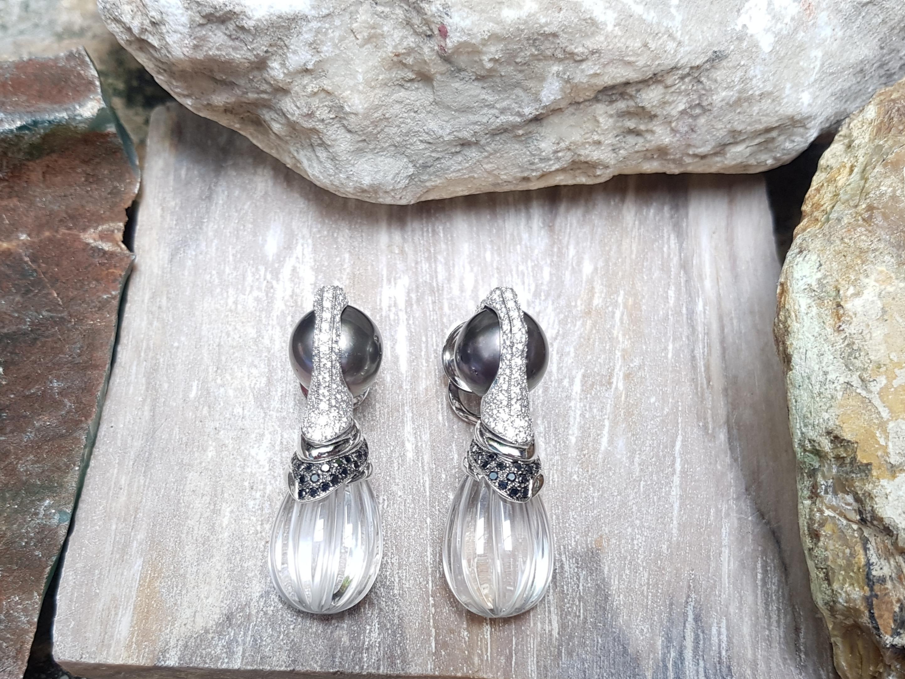 Pendientes de Perla del Mar del Sur, Cuarzo y Diamante Negro engastados en Oro Blanco de 18 Kilates en venta 1