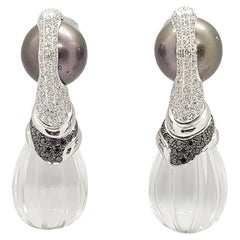 South Sea Pearl, Quartz, Black Diamond Earrings Set in 18 Karat White Gold