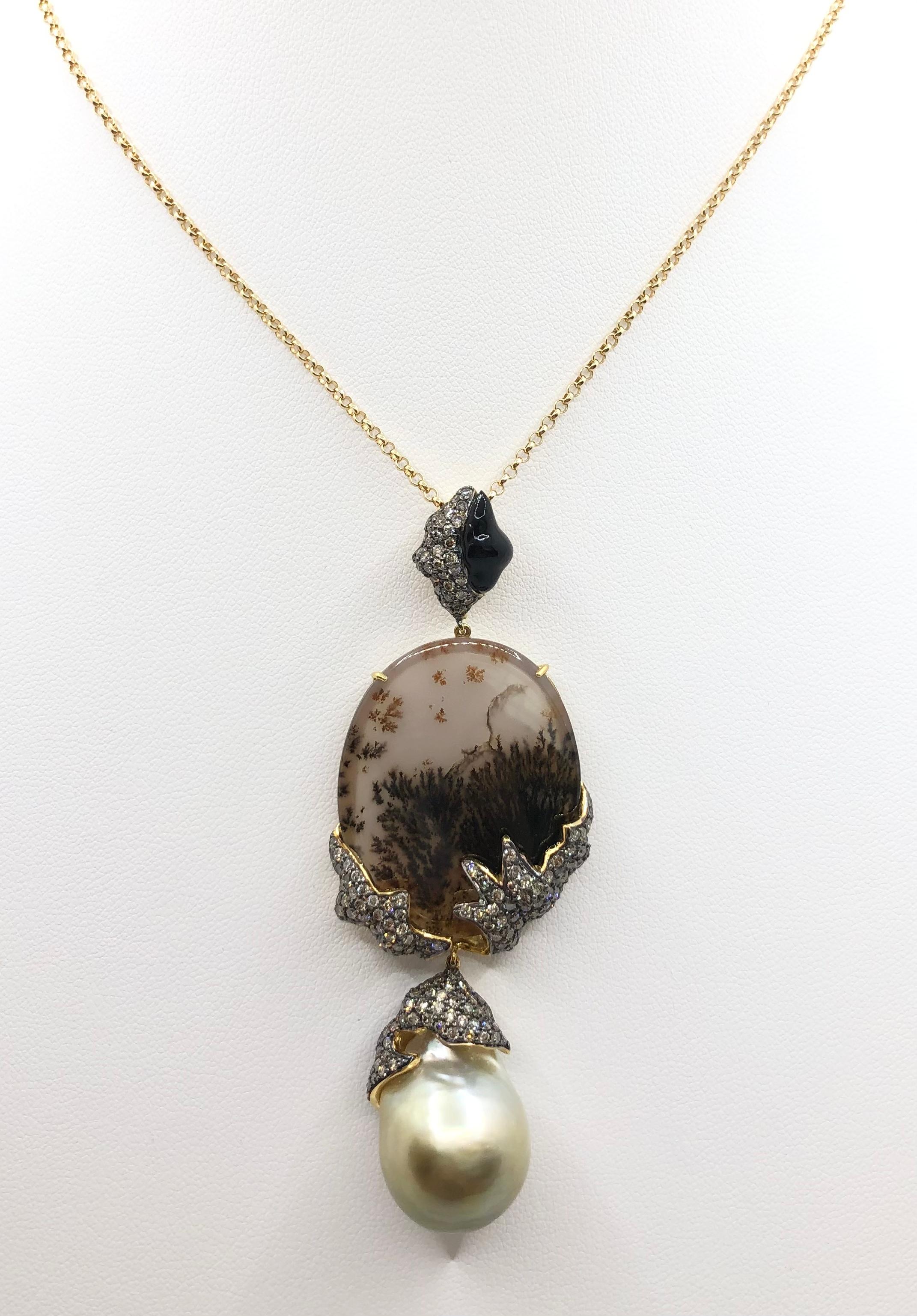 South Sea Pearl, Quartz, Brown Diamond with Black Spinel Necklace in 18K Gold For Sale 3