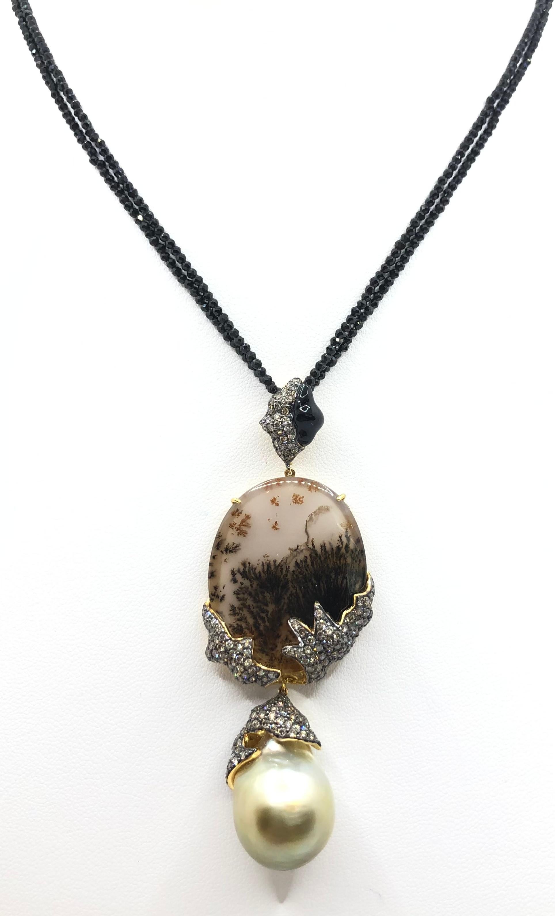 South Sea Pearl, Quartz, Brown Diamond with Black Spinel Necklace in 18K Gold For Sale 4