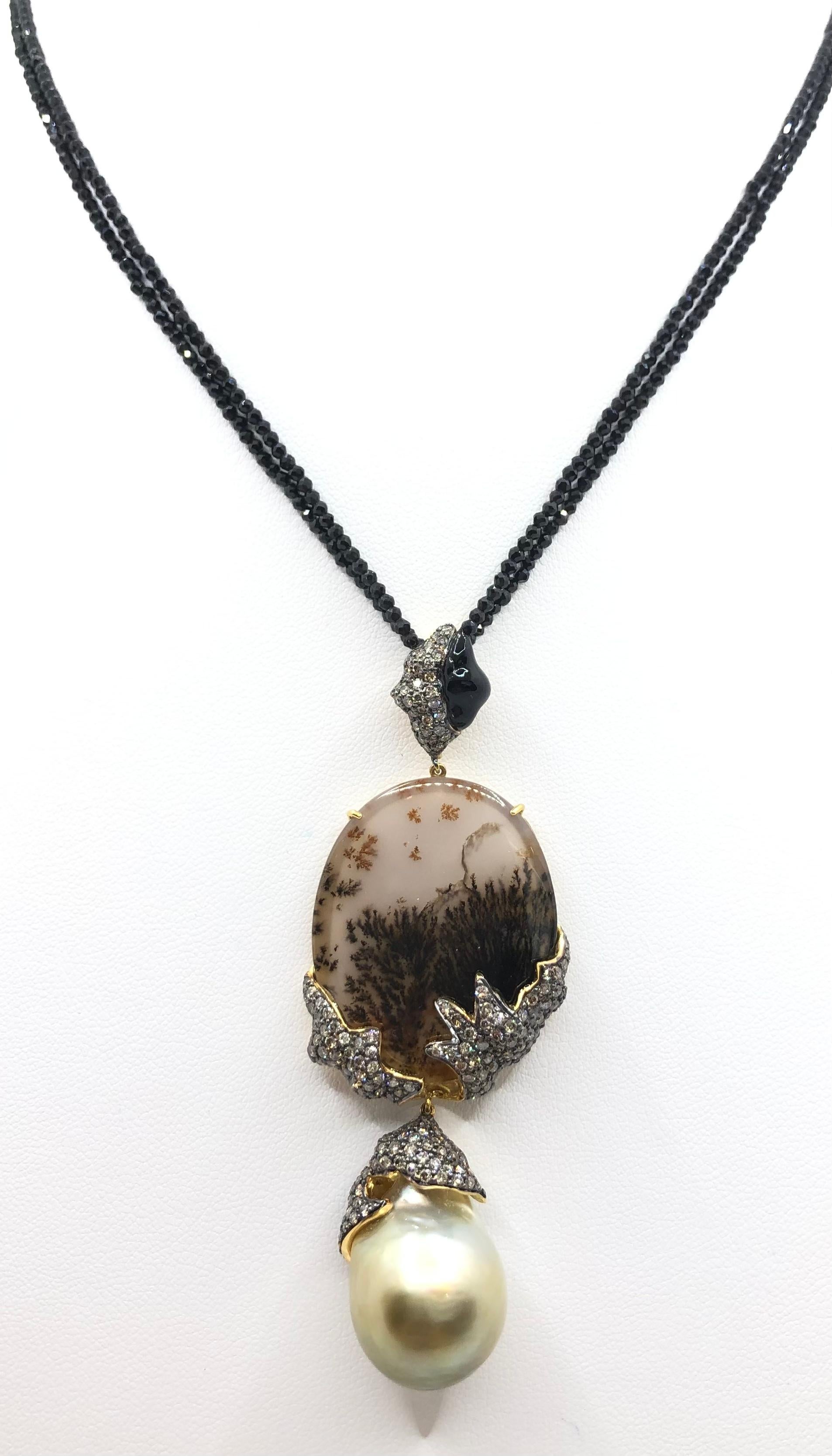 South Sea Pearl, Quartz, Brown Diamond with Black Spinel Necklace in 18K Gold For Sale 5
