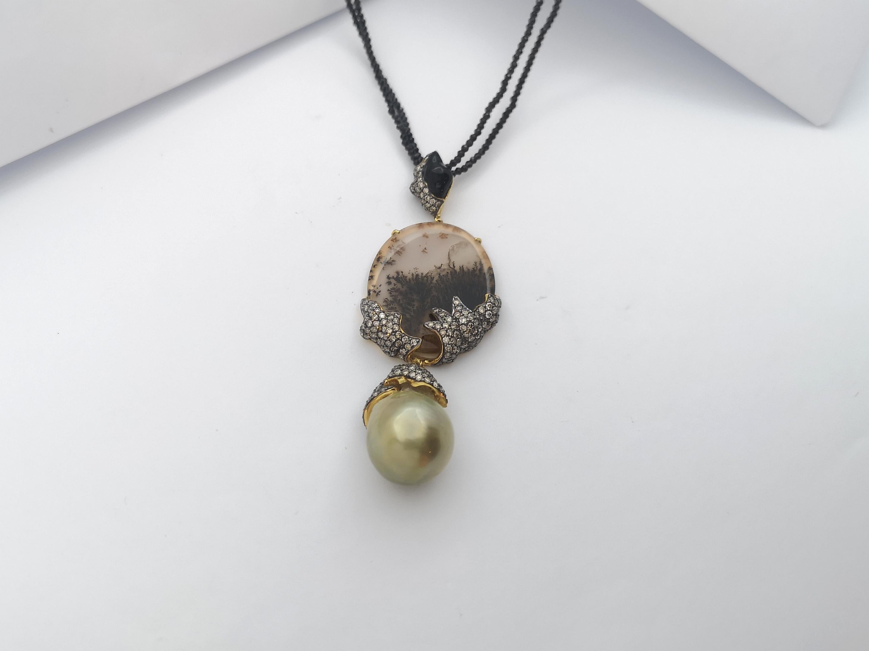 South Sea Pearl, Quartz, Brown Diamond with Black Spinel Necklace in 18K Gold For Sale 7