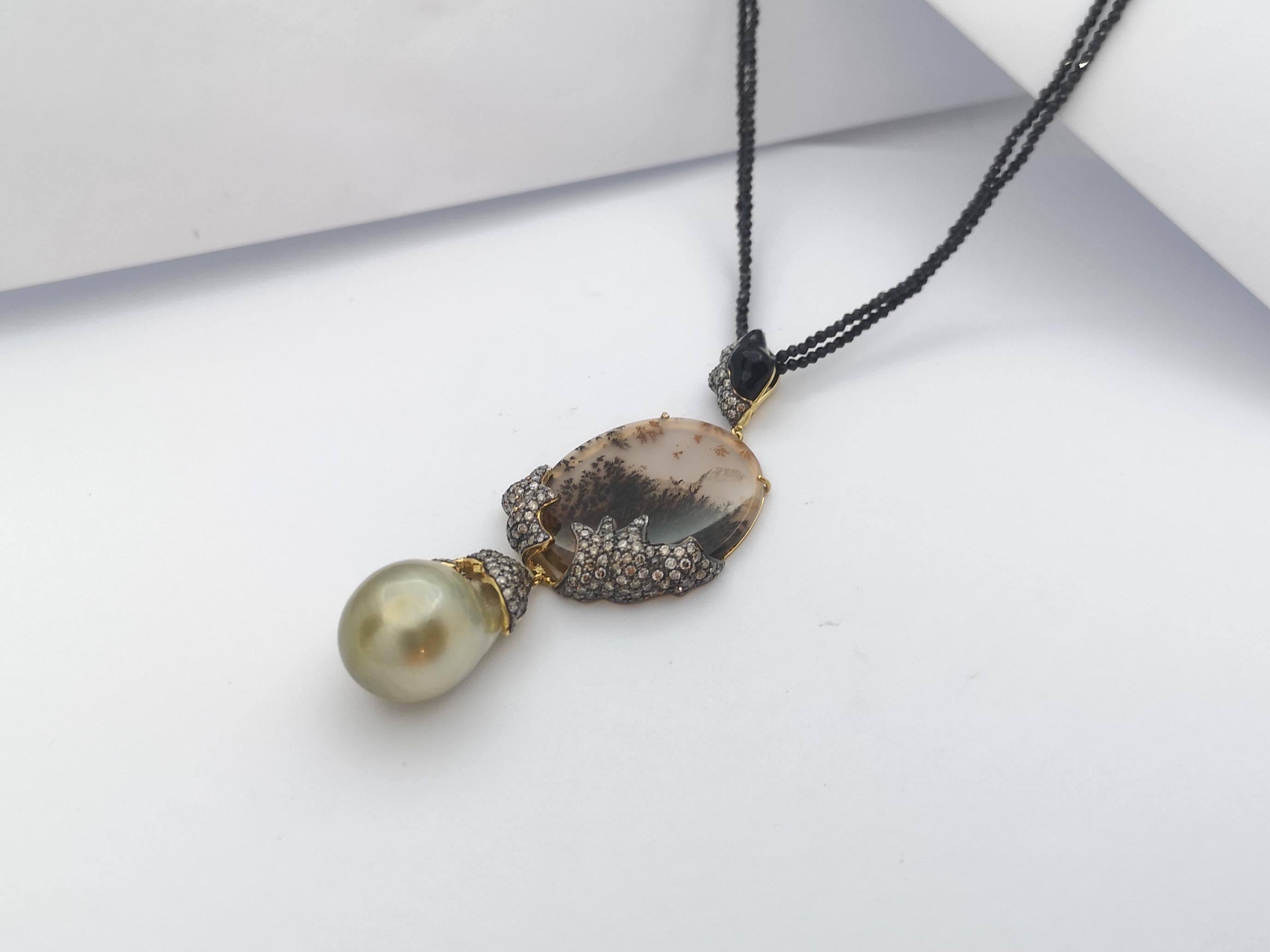 South Sea Pearl, Quartz, Brown Diamond with Black Spinel Necklace in 18K Gold For Sale 8