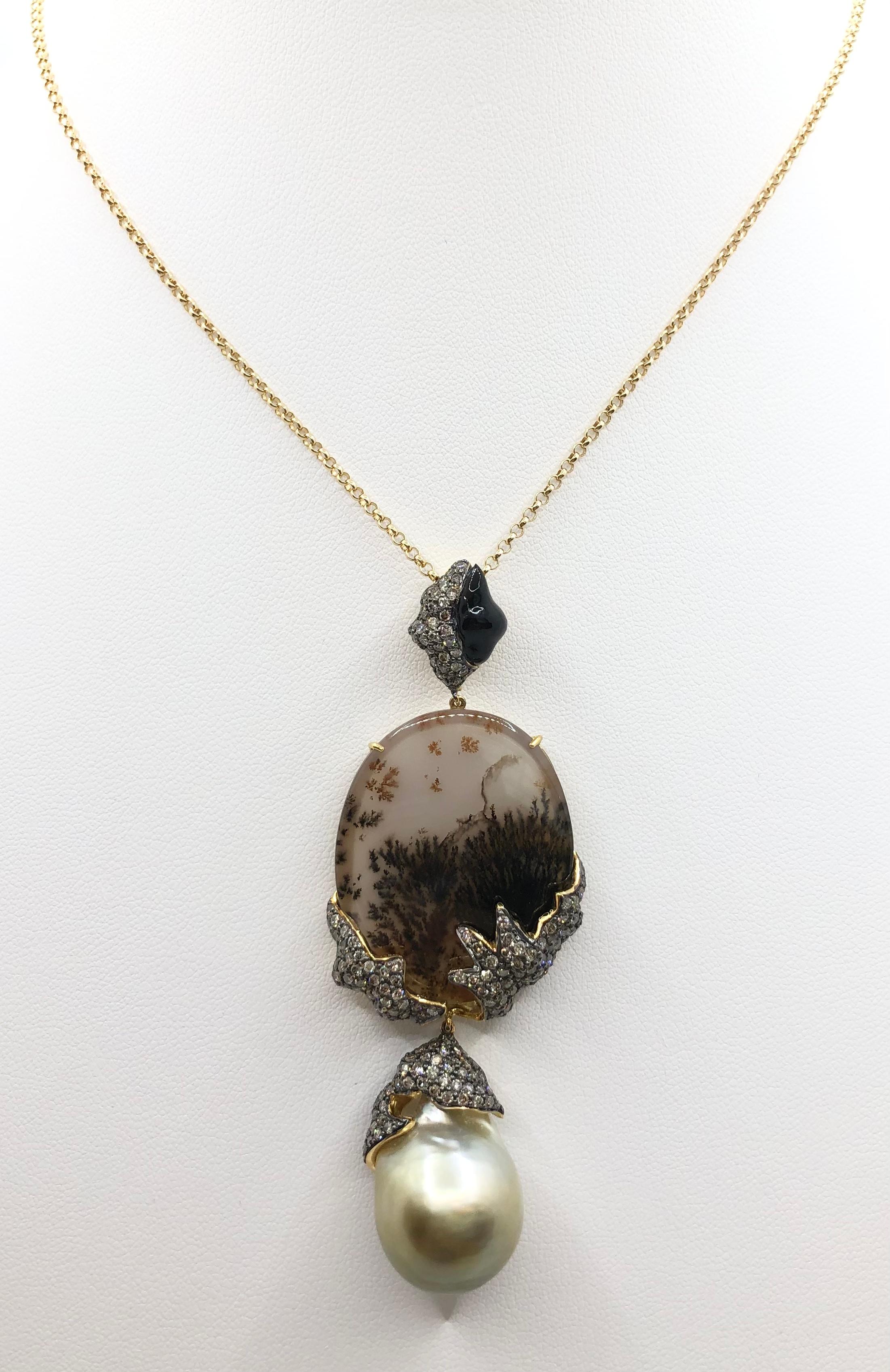 Südseeperle, Quarz, brauner Diamant mit schwarzem Spinell Halskette in 18K Gold (Gemischter Schliff) im Angebot