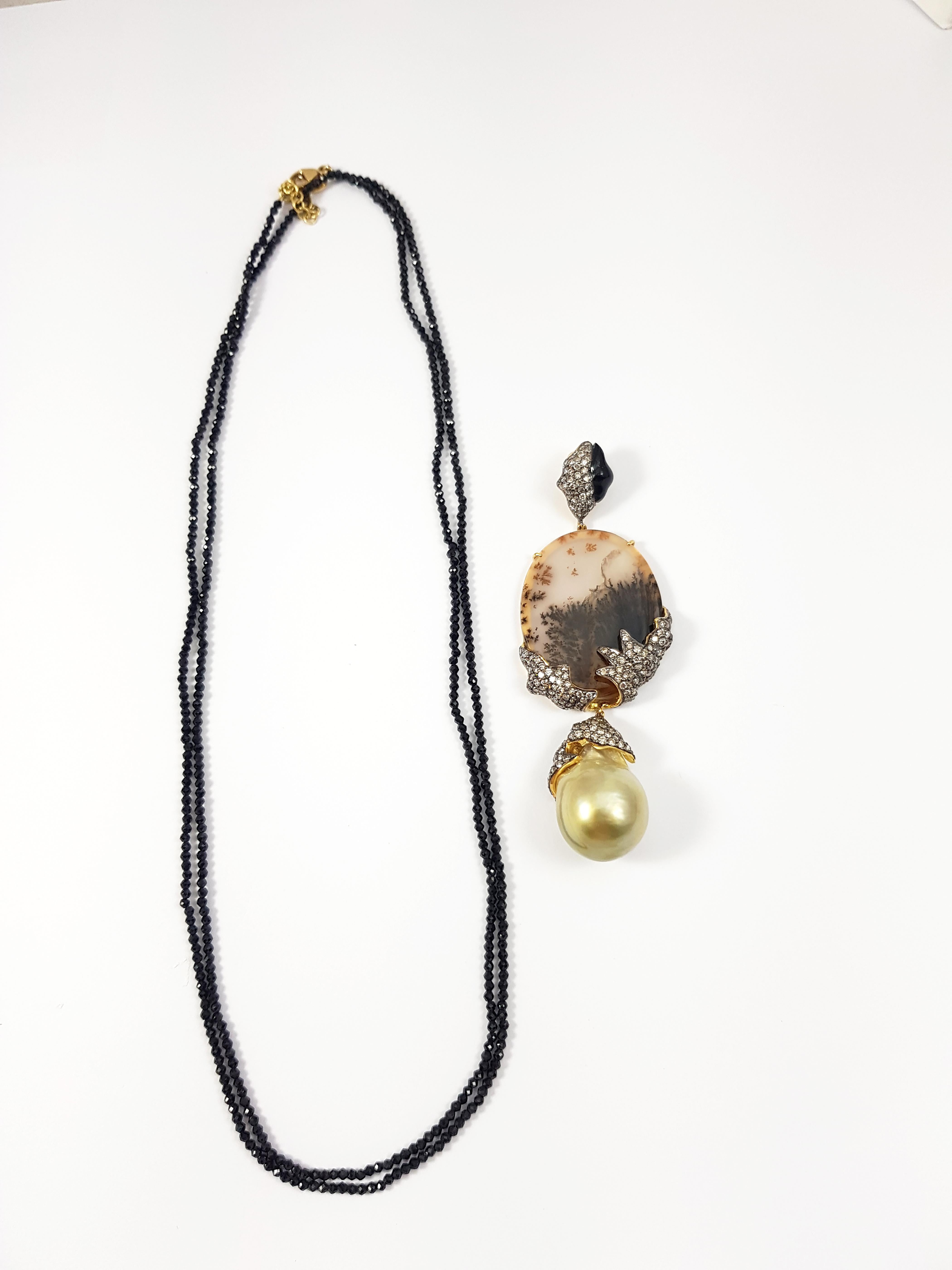 South Sea Pearl, Quartz, Brown Diamond with Black Spinel Necklace in 18K Gold In New Condition For Sale In Bangkok, TH