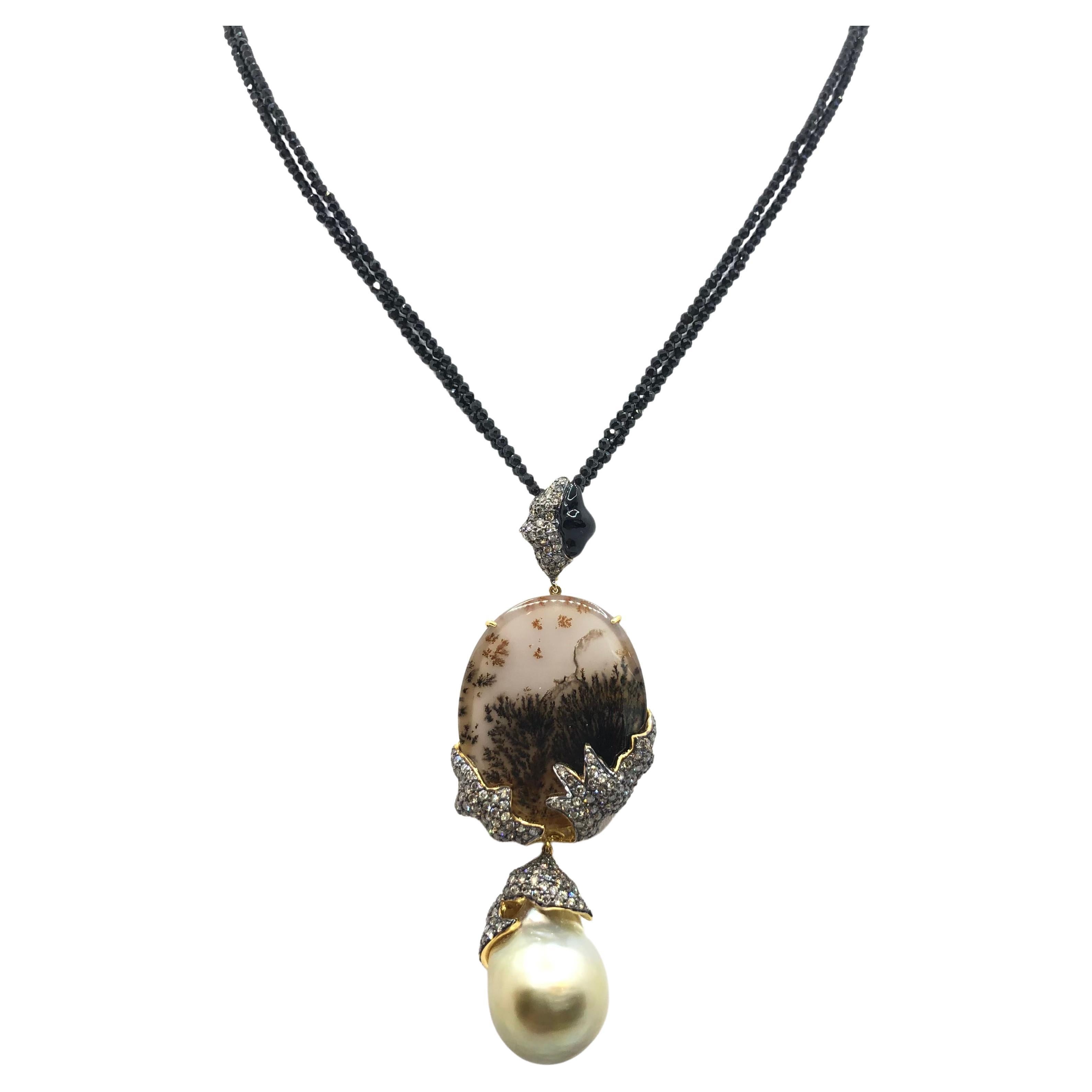 South Sea Pearl, Quartz, Brown Diamond with Black Spinel Necklace in 18K Gold For Sale