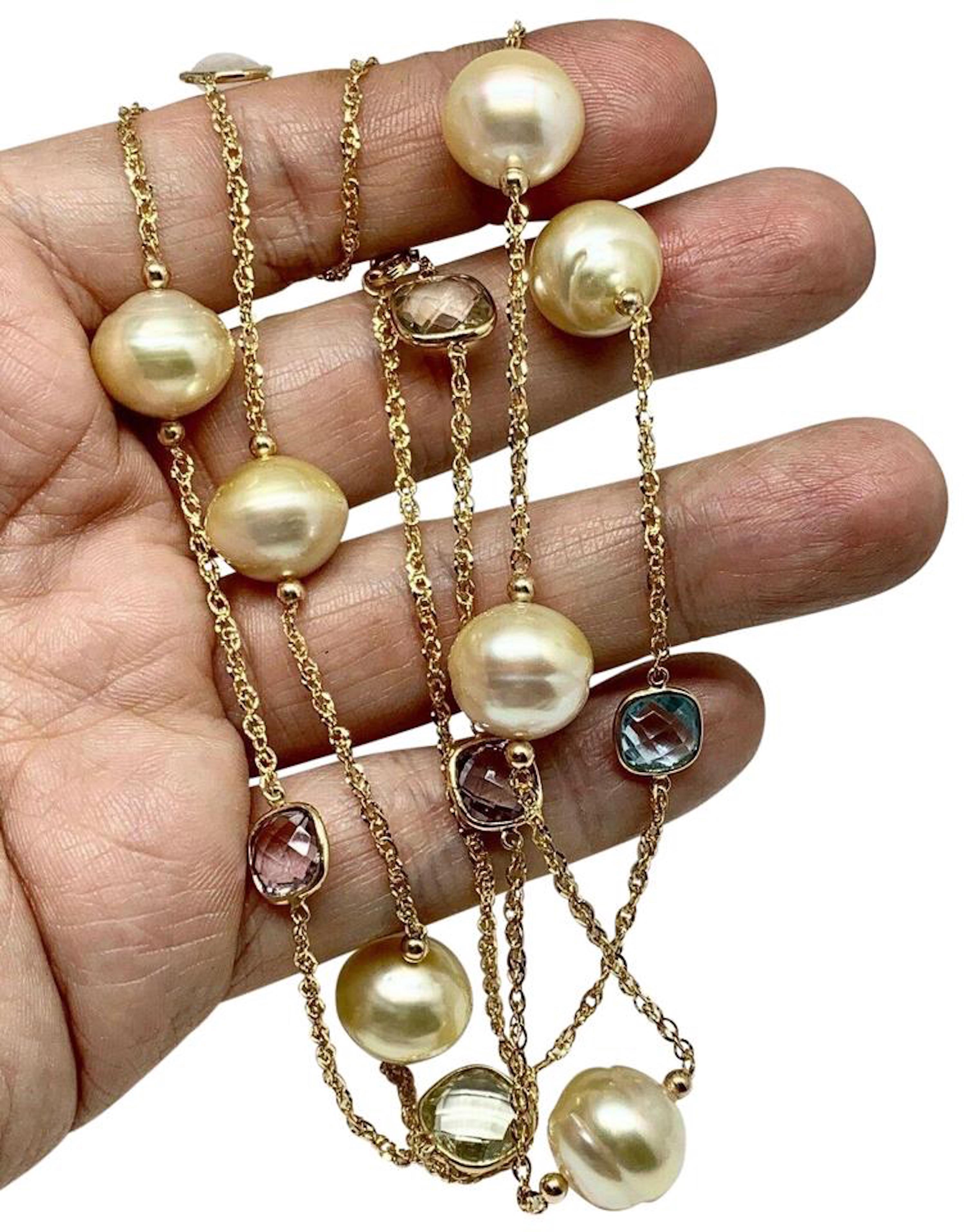 Modern South Sea Pearl Quartz Necklace Station 14k Gold Certified For Sale