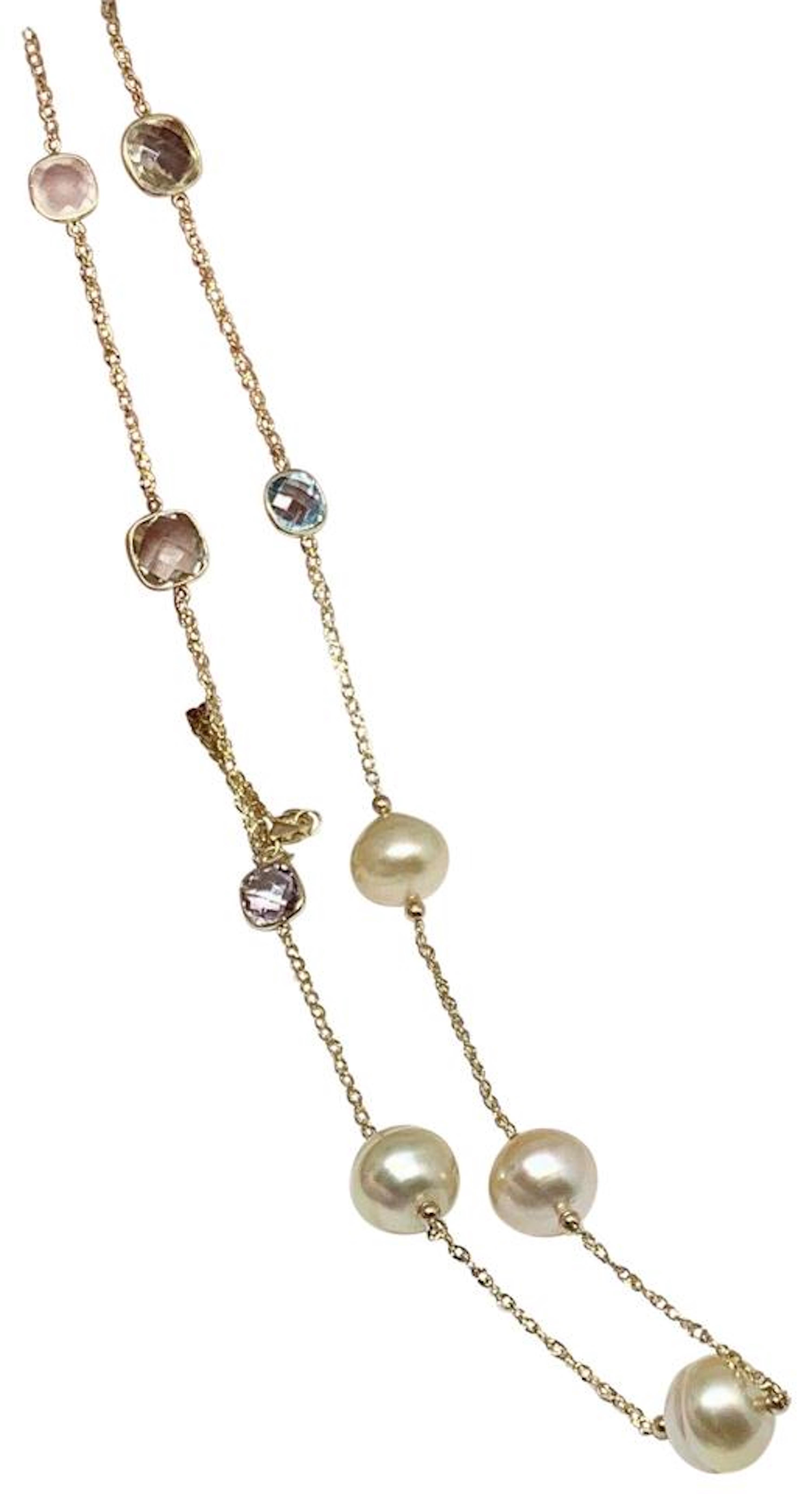 South Sea Pearl Quartz Necklace Station 14k Gold Certified In New Condition For Sale In Brooklyn, NY