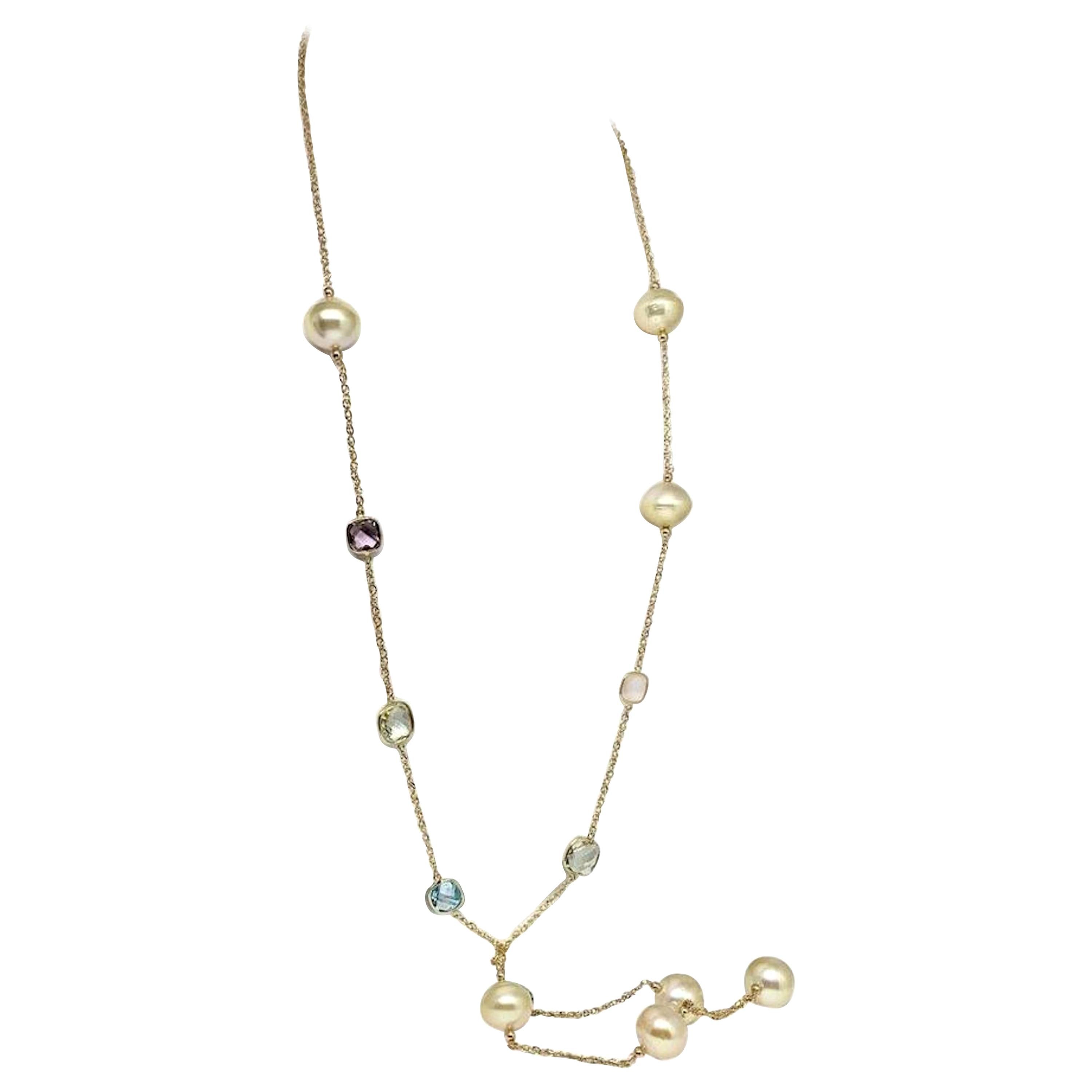 South Sea Pearl Quartz Necklace Station 14k Gold Certified For Sale