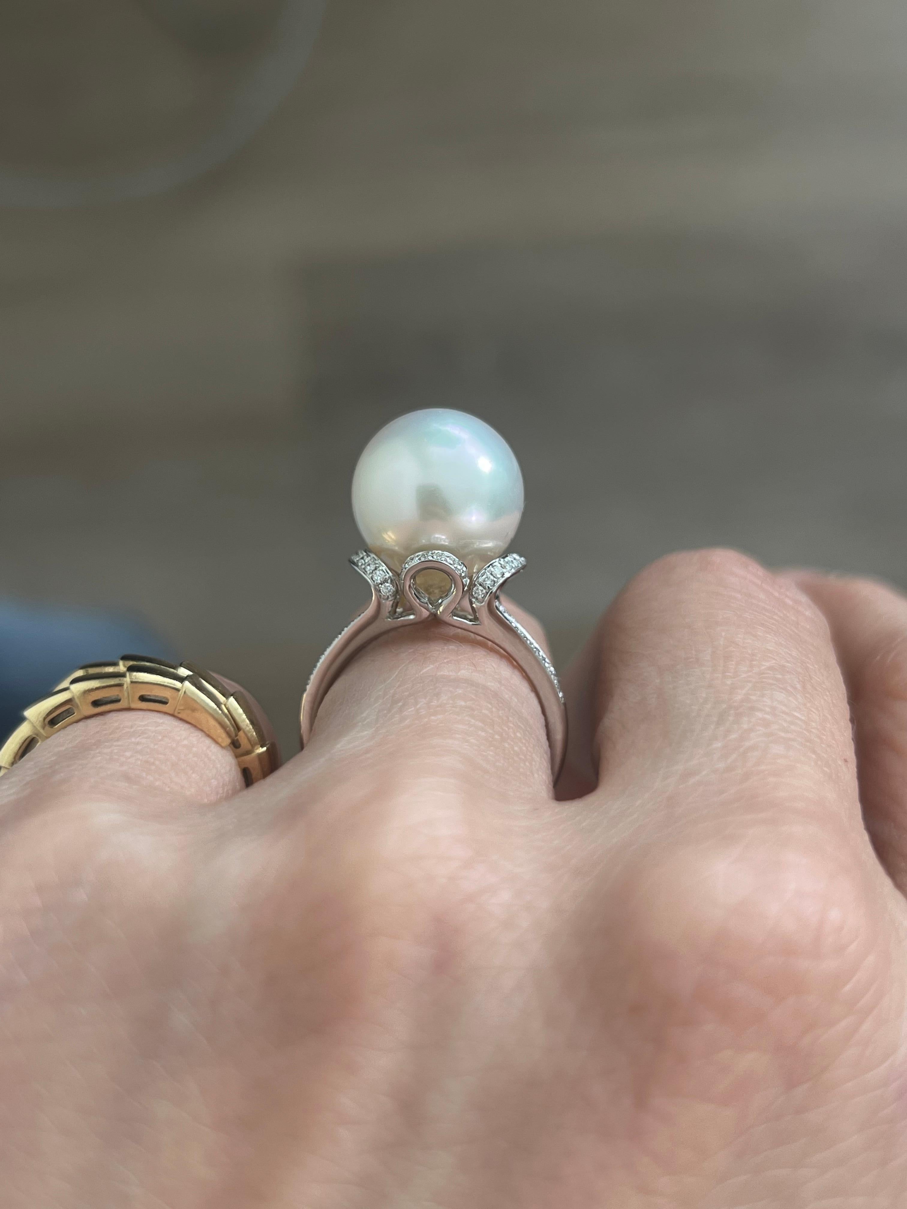 Brilliant Cut South Sea Pearl Ring 18k White Gold For Sale