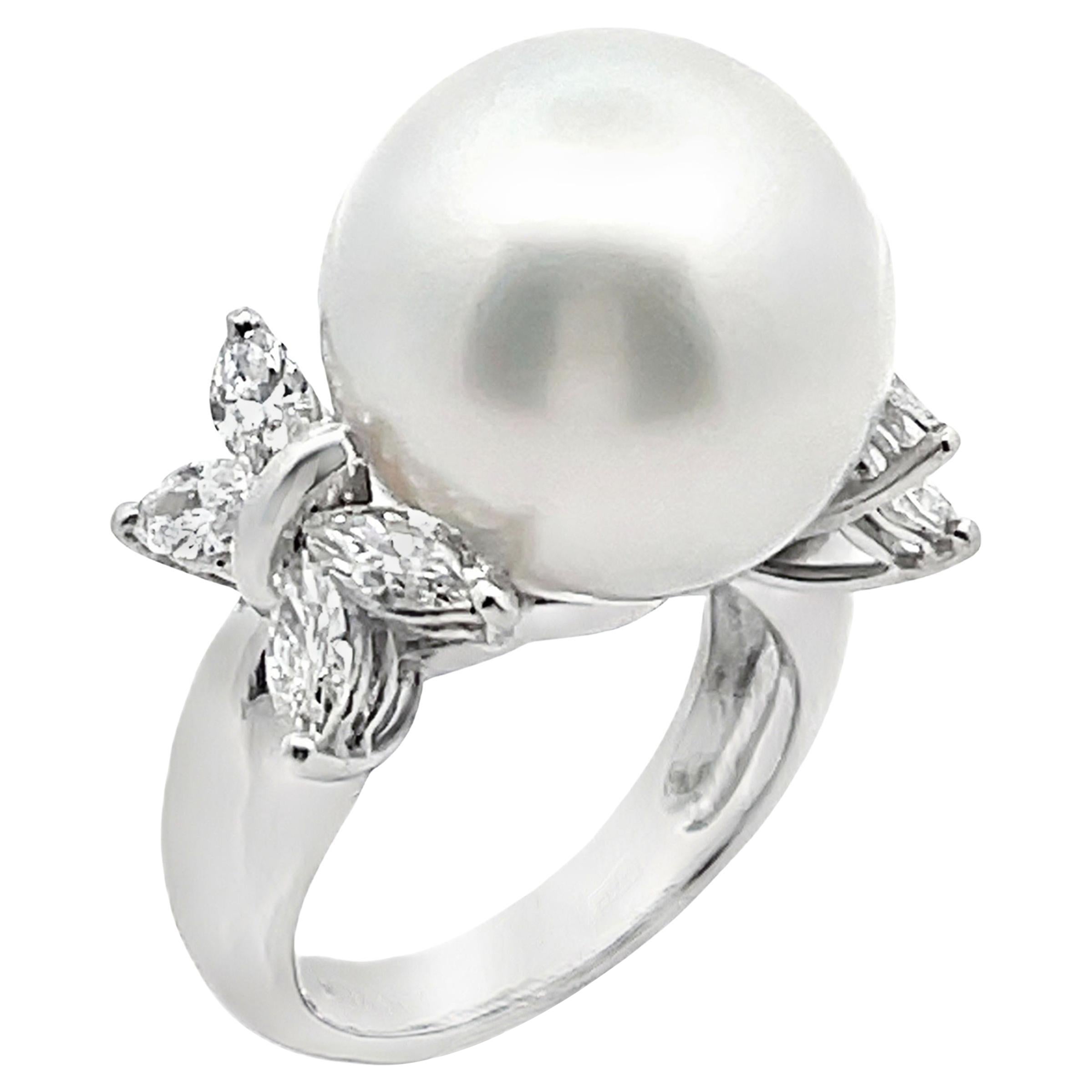 South Sea Pearl Ring with Fancy Shaped Diamonds 1.80 Carats in 18K White Gold
