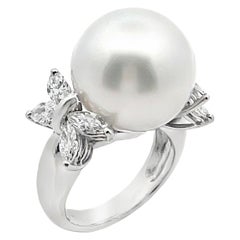 South Sea Pearl Ring with Fancy Shaped Diamonds 1.80 Carats in 18K White Gold