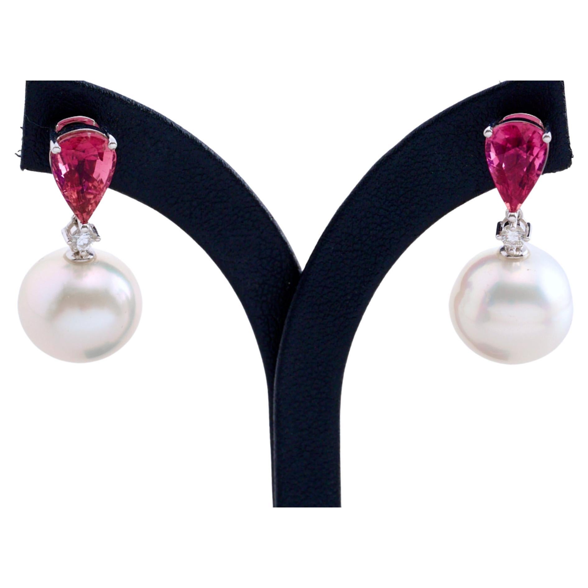 Eostre South Sea Pearl, Rubellite and Diamond White Gold Earrings 