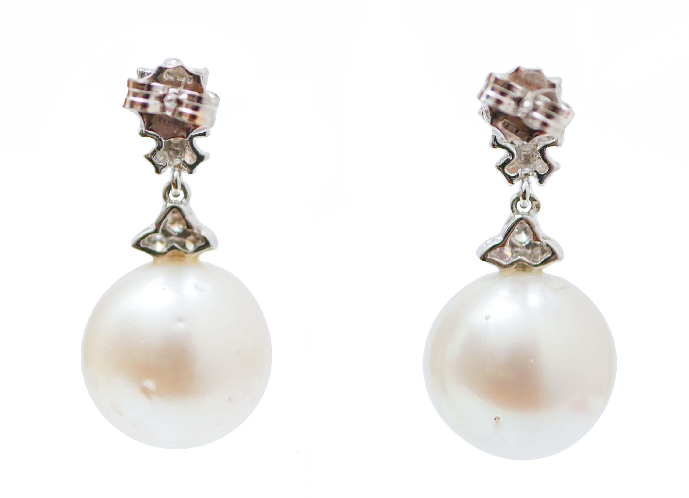 Retro South-Sea Pearl, Rubies, Diamonds, 14 Karat White Gold Earrings. For Sale