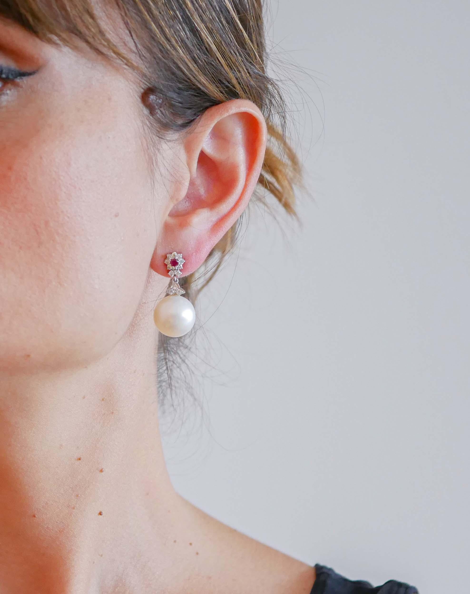 Mixed Cut South-Sea Pearl, Rubies, Diamonds, 14 Karat White Gold Earrings. For Sale