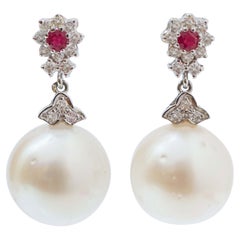 South-Sea Pearl, Rubies, Diamonds, 14 Karat White Gold Earrings.