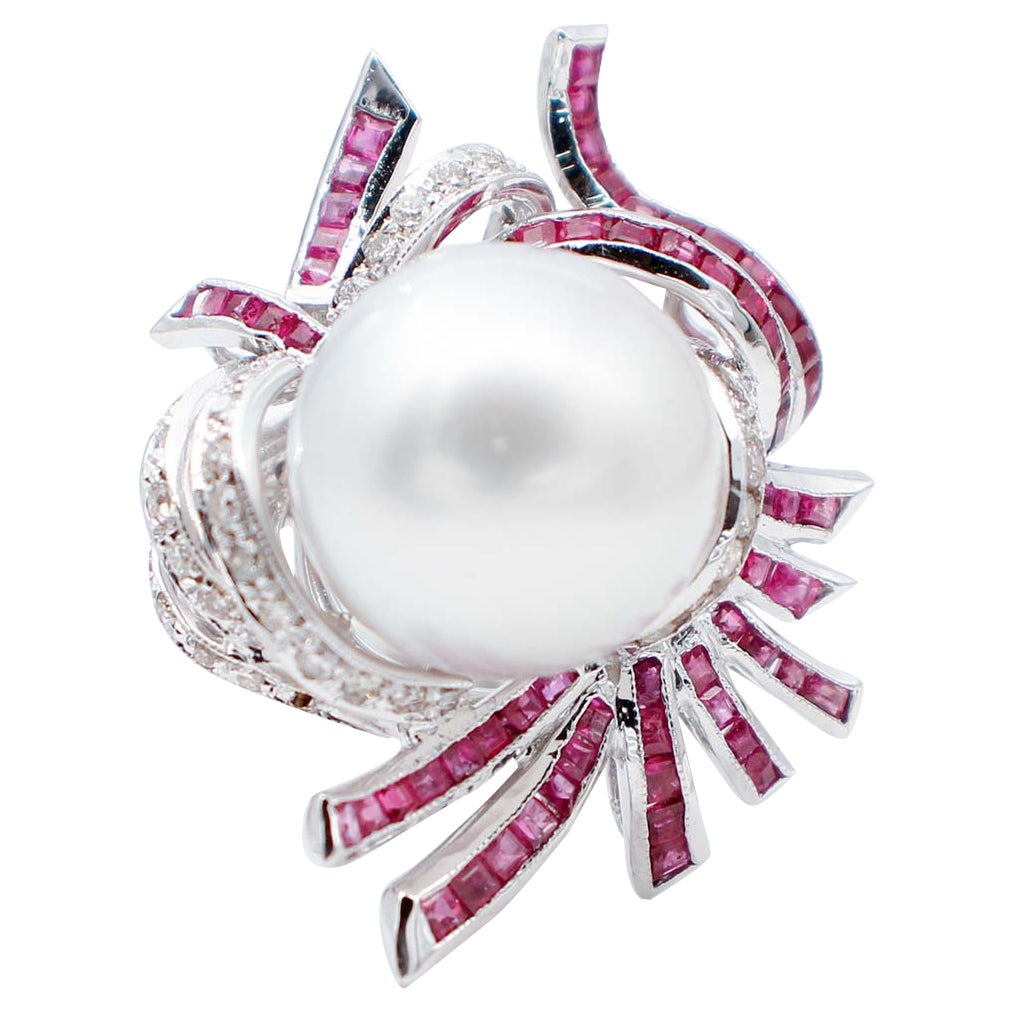 Südseeperle, Rubine, Diamanten, 18 Karat Weißgold Cluster-Ring